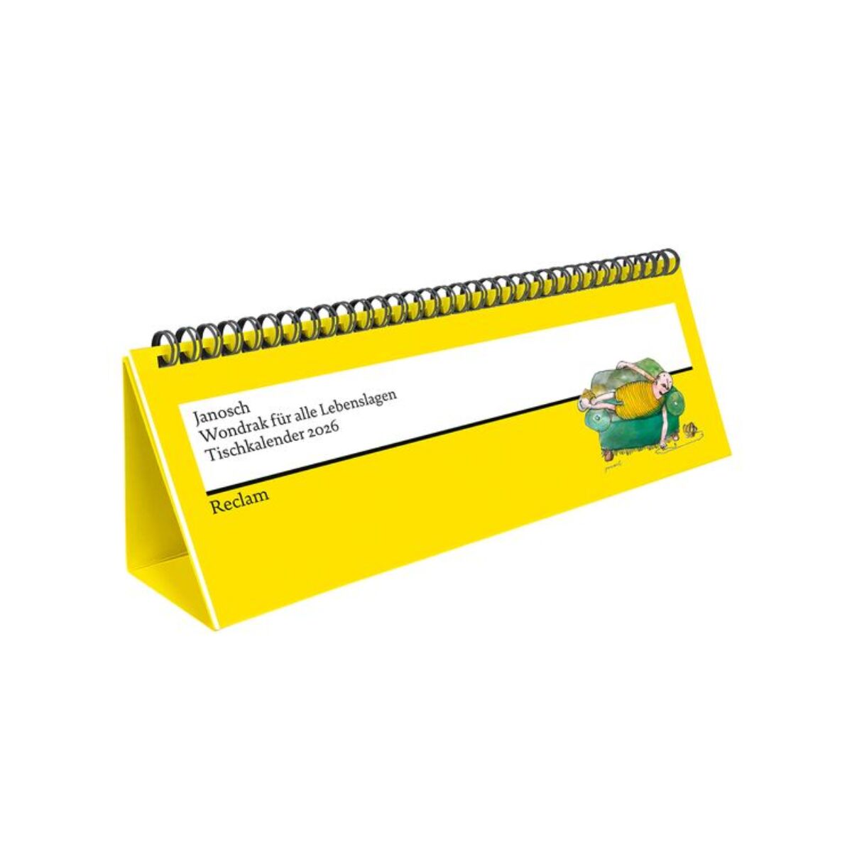 Tischkalender 2026 mit dem Titel 'Wondrak für alle Lebenslagen', zeigt eine humorvolle Illustration und hat eine gelbe und weiße Gestaltung mit Spiralbindung. Geeignet für Büro oder Zuhause zur Organisation und Planung des täglichen Lebens.