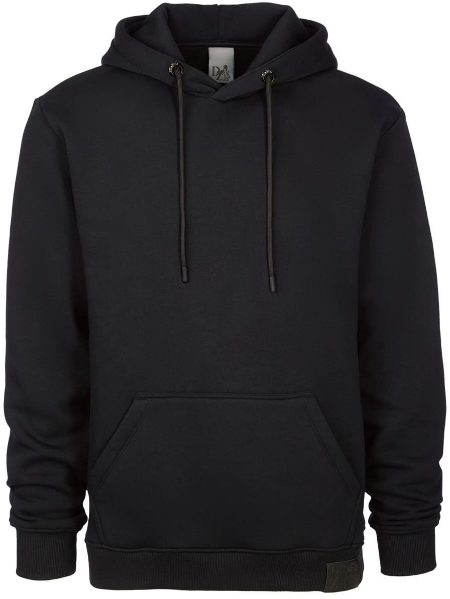 Schwarzer Hoodie der ZEIT-Kollektion mit Kapuze und Kordeln, aus Baumwolle, minimalistisch und unisex, mit Tasche vorne.