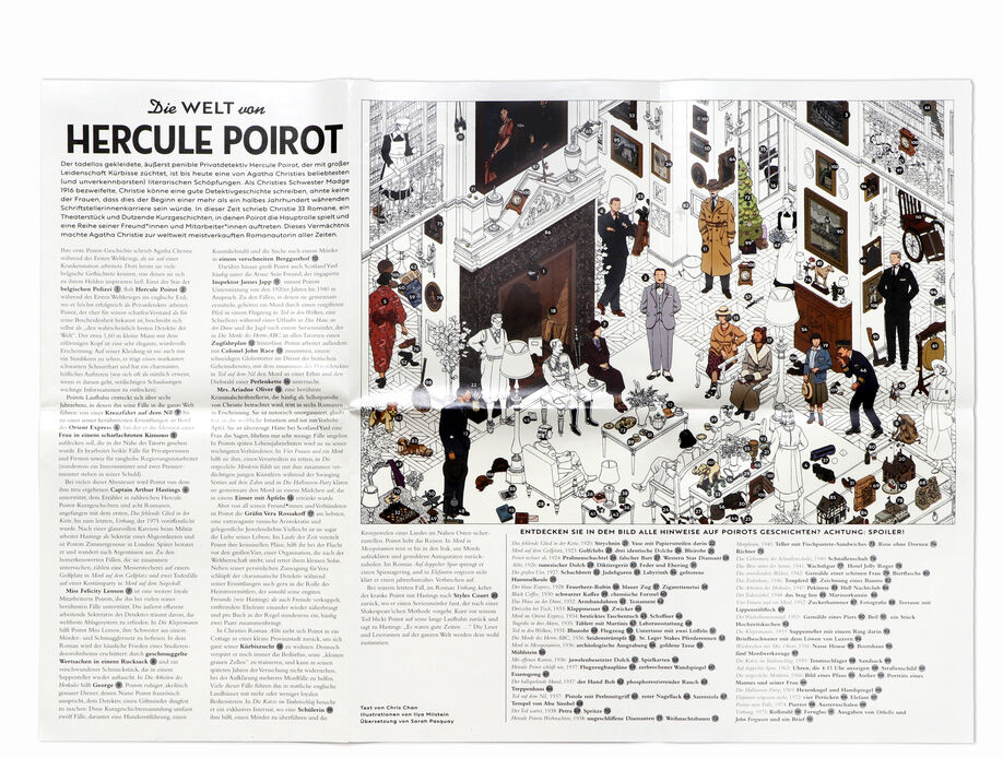 Eine detailreiche Illustration eines Puzzles mit Szenen und Charakteren aus dem Detektivuniversum von Hercule Poirot. Verschiedene Personen sind in einem Raum, das von Kunst und Einrichtungsgegenständen im Stil der 1920er Jahre geprägt ist.