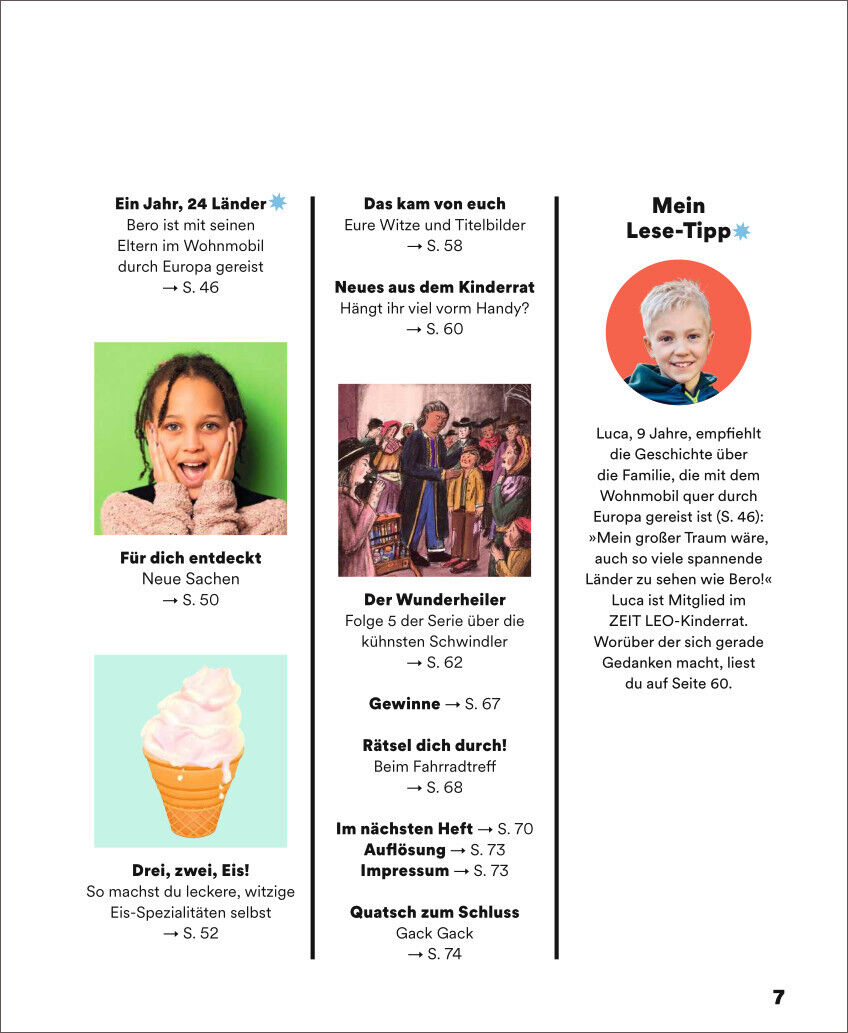 ZEIT LEO 4/24 Spaß mit Sport. Verschiedene Artikel wie 'Ein Jahr, 24 Länder', 'Das kann ich auch!', 'Neues aus dem Kinderart', 'Für dich entdeckt', 'Der Wunderheiler', 'Gewinne', 'Rätsel dich fertig', und weitere. Buntes Layout mit Text und Bildern, darunter ein lächelndes Kind mit grünem Pullover, eine Gruppe von Kindern, ein Eiscremespezialitäten und ein Junge, der sein Lieblingsbuch empfiehlt.