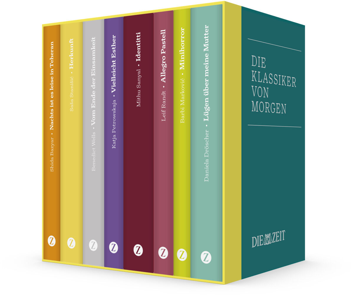 Die ZEIT-Edition »Die Klassiker von morgen« zeigt acht farbig gestaltete Hardcover-Bände im hochwertigen Schuber. Jeder Buchrücken trägt Namen und Titel der Autor*innen, der Schuber ist dunkelgrün mit Weißdruck. Ideal für Literaturfreunde und als Geschenk.