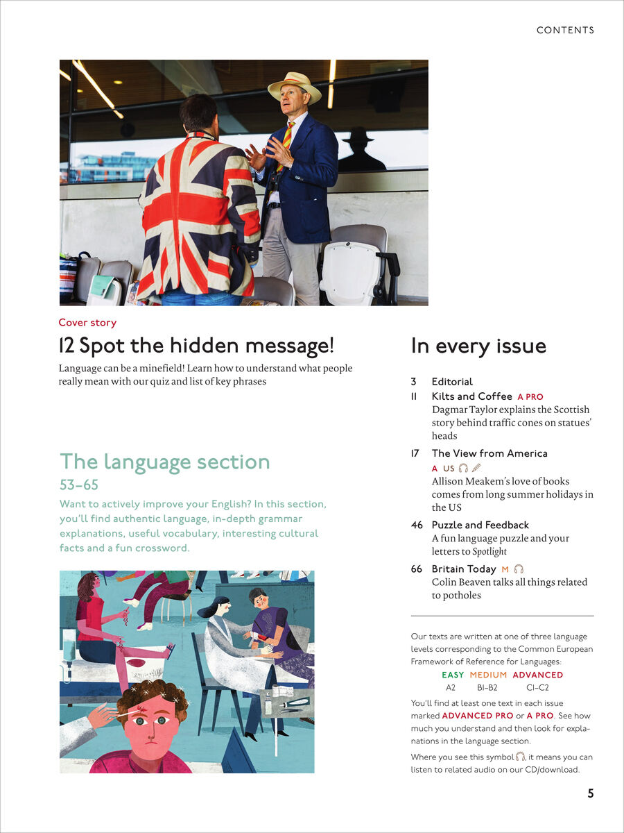 Detailreiche Magazinseite mit Inhaltsverzeichnis und Fotos. Oben ein Mann mit Hut spricht mit einer Person im Jackett der britischen Flagge in moderner Umgebung. Darunter Illustration von Lernenden in verschiedenen Szenen. Text zu Englischlernen und Rubriken des Magazins.