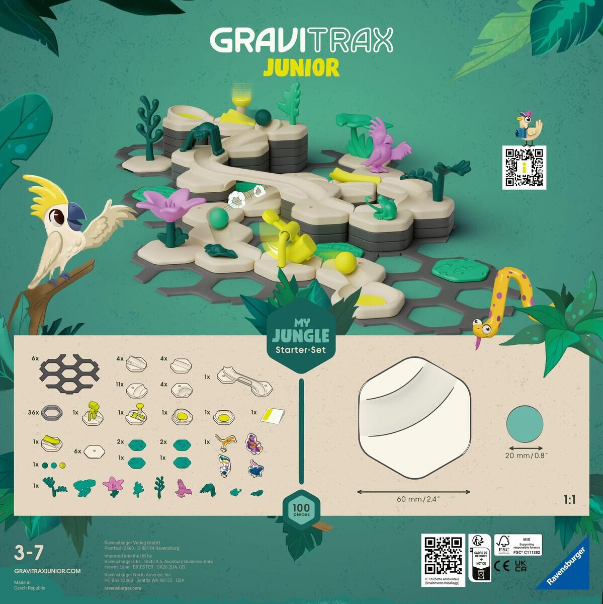 Das Bild zeigt das GraviTrax Junior Starter-Set L Dschungel von Ravensburger, ein Bau- und Lernspielzeug für Kinder im Alter von 3-7 Jahren. Das Set enthält Murmeln, Schienen und verschiedene Teile, um ein Dschungel-Labyrinth zu bauen. Die Farben des Sets sind grün, gelb, beige, lila und weiß. Das Bild hat einen Dschungel-Themenhintergrund mit Tieren und Pflanzen.