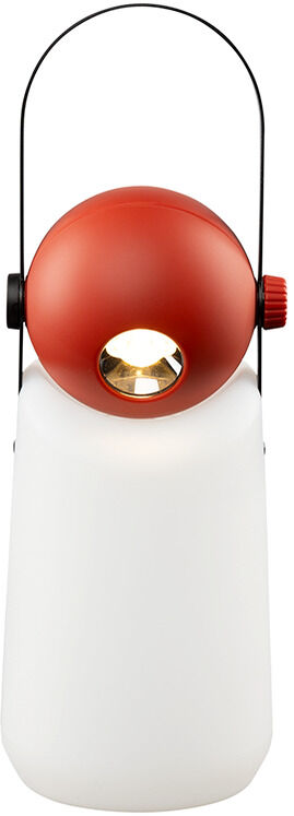 Die Abbildung zeigt die tragbare Leuchte "Guidelight" von Weltevree. Sie hat einen weißen, mattierten Lampenkörper, einen roten kugelförmigen Kopf mit integriertem Leuchtelement und einen dünnen schwarzen Tragebügel. Das Design wirkt modern und minimalistisch.