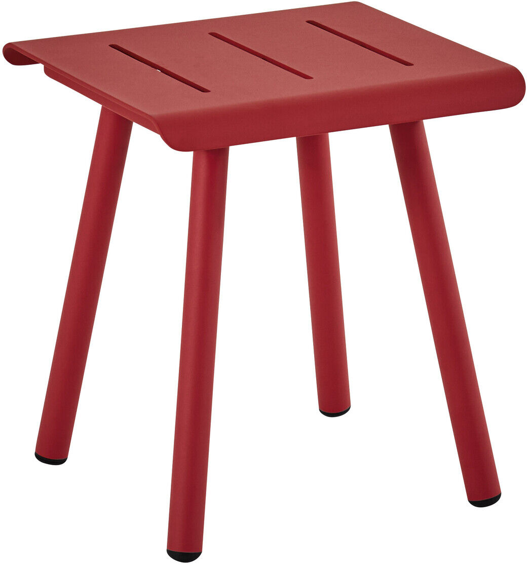 Ein moderner, roter Hocker mit vier Beinen aus Metall, minimalistisches Design, geeignet für verschiedene Wohnräume.