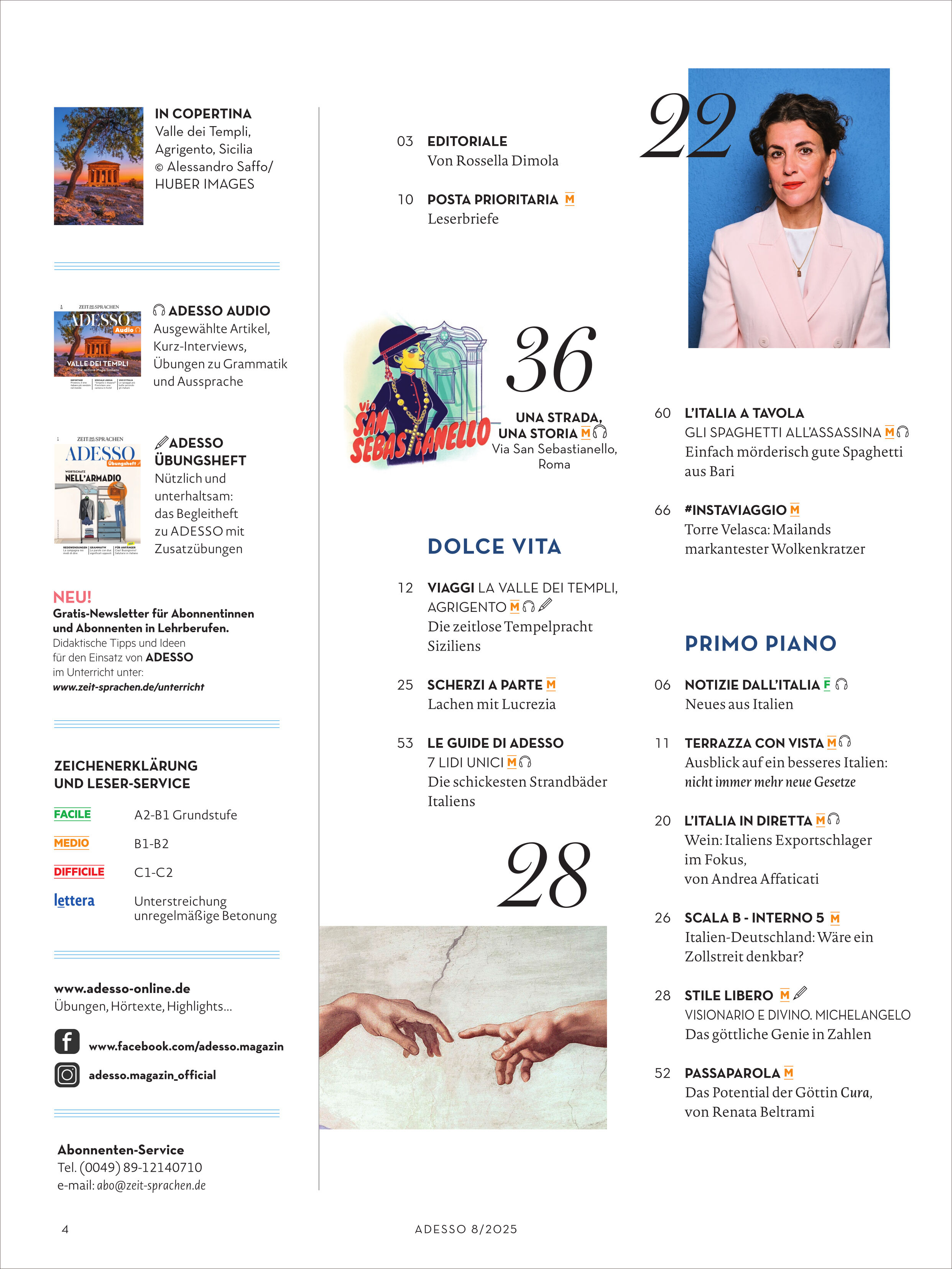 Das Titelbild des Adesso Magazins Ausgabe 8/2025 zeigt das Inhaltsverzeichnis mit einer stilvollen Anordnung von Texten, Themenbildern und einer Porträtfotografie auf hellem Hintergrund. Verschiedene Rubriken wie Kultur, Sprache, italienisches Essen und Interviews werden vorgestellt. Mehrere Farben und grafische Elemente unterstreichen das moderne Design des Magazins.