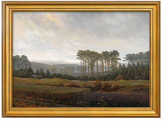 Ein Gemälde von Caspar David Friedrich mit dem Titel »Der Nachmittag« aus dem »Tageszeitenzyklus«. Es zeigt eine ruhige Landschaft mit Feldern, einem Wald und Bäumen unter einem leicht bewölkten Himmel. Der Rahmen des Bildes ist golden.