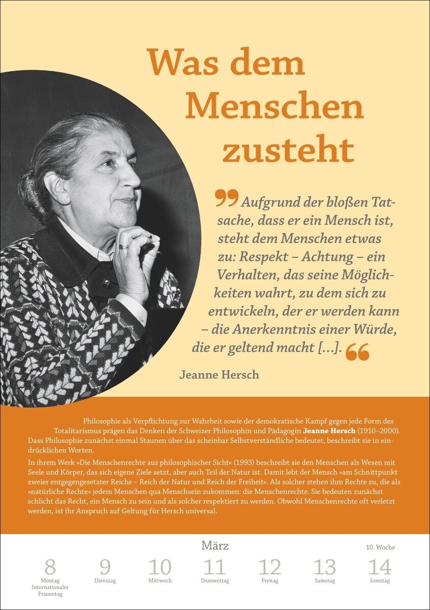Titelblatt des »Philosophie« Kalenders 2027 von DIE ZEIT und Harenberg. Großes Porträtfoto von Jeanne Hersch in Schwarzweiß links, rechts ein Zitat von ihr in orangefarbener Schrift. Unten Kalenderwoche, Monatsübersicht und weitere Informationen zu Hersch.
