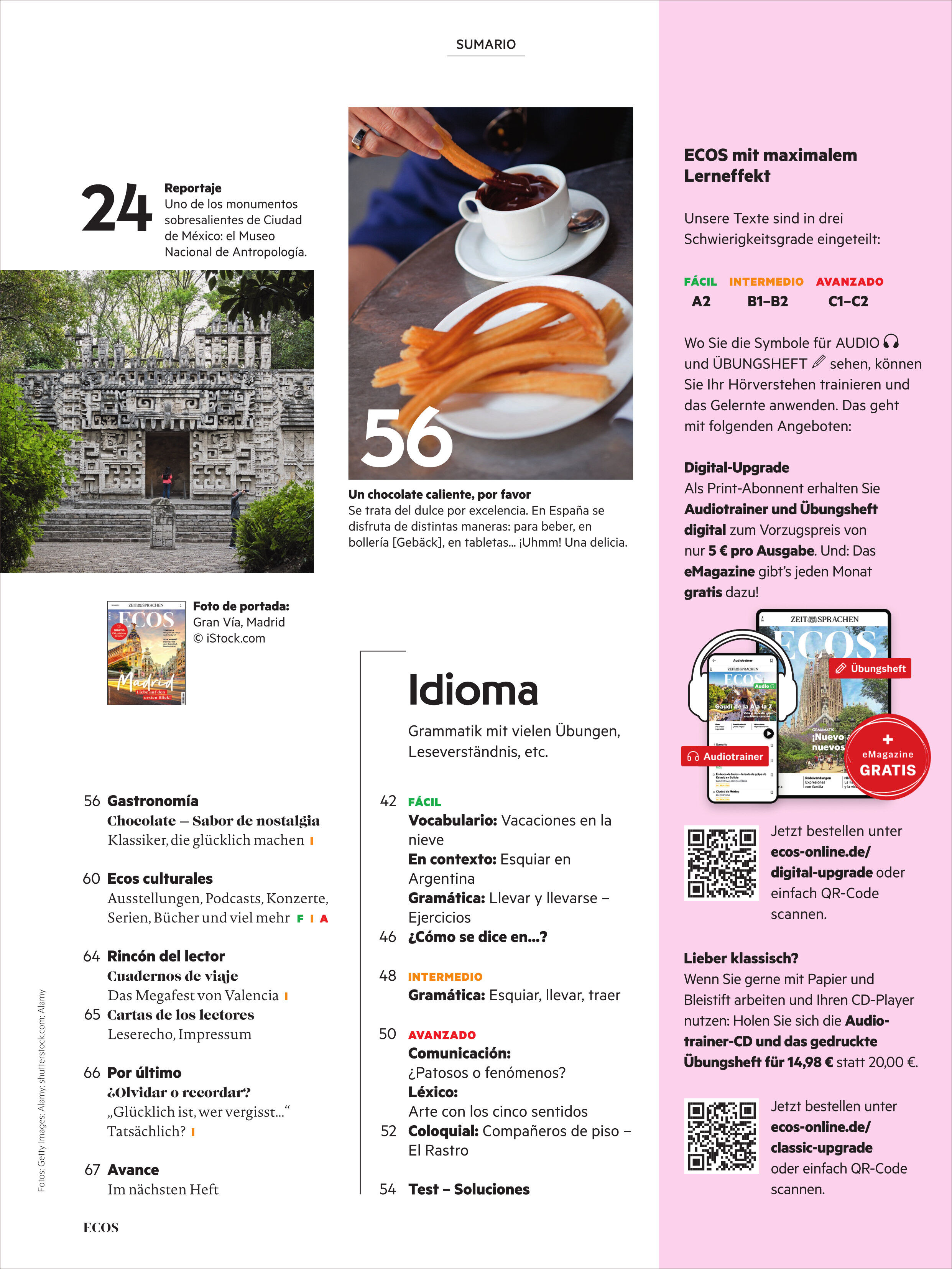 Detaillierte Magazin-Innenseite mit Inhaltsverzeichnis, Artikeln zu Gaudí und Costa Rica, Fotos von Churros mit Schokolade, einem Stein-Gebäude und Magazincover. Farbakzente in Gelb, Rot und Orange. Rechte Seite mit Anzeigen und Hinweisen auf digitale Extras. Text in Deutsch und Spanisch.