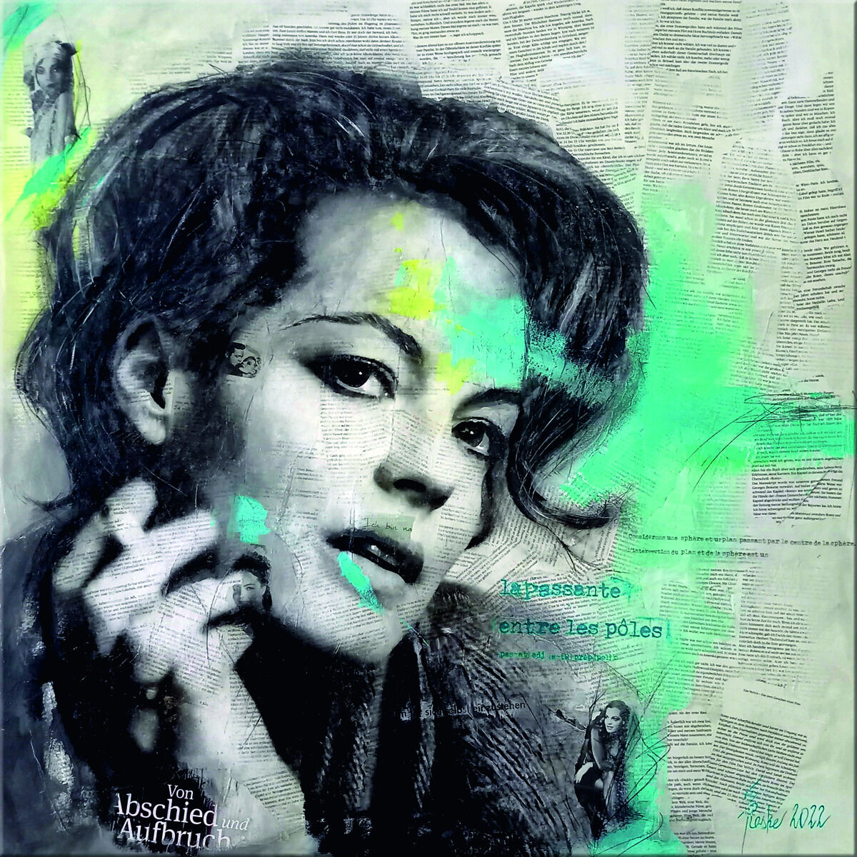 Porträt von Romy Schneider, gestaltet als Collage mit dominierenden schwarzen, grünen und weißen Farben. Der Hintergrund besteht aus überlagerten Texten.