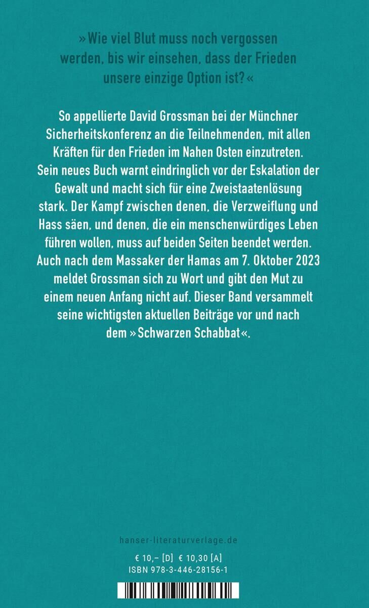 Buchrückseite von 'Frieden ist die einzige Option' von David Grossman. Der Text ist in weißer Schrift auf türkisfarbenem Hintergrund geschrieben.