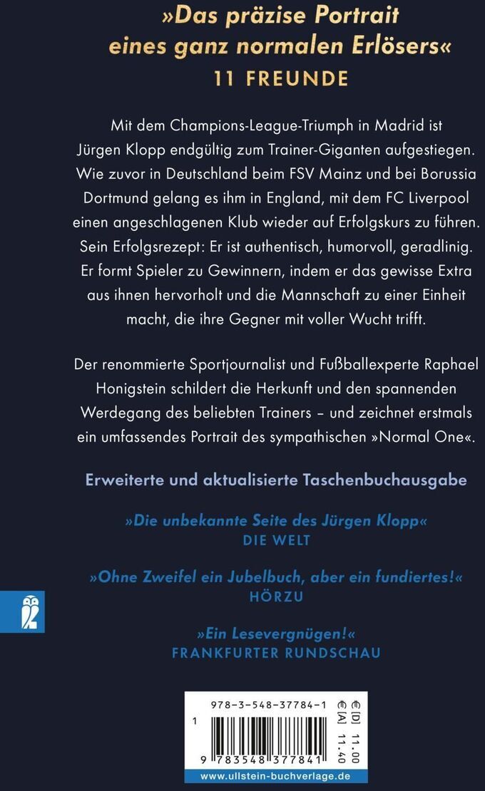 Rückseite des Buches 'Ich mag, wenn's kracht' von Raphael Honigstein, enthält Buchbeschreibung und Lob von verschiedenen Publikationen, gestaltet in Blau mit gelbem und weißem Text.