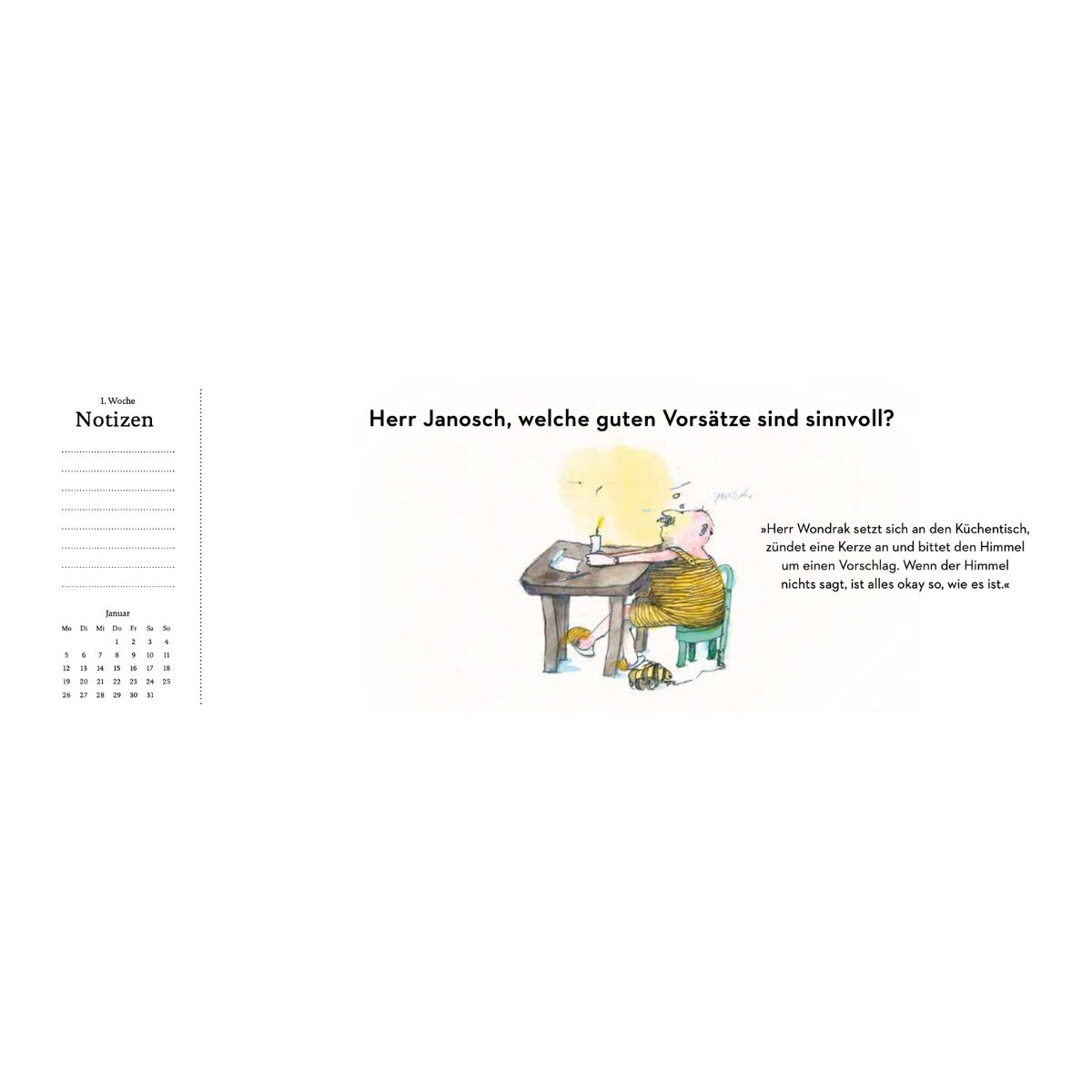 Ein Tischkalender für 2026 mit dem Titel »Wondrak für alle Lebenslagen«. Der Kalender zeigt eine humorvolle Illustration mit Text von Wondrak. Der Hintergrund ist weiß, mit Notizbereich und Monatsüberblick.