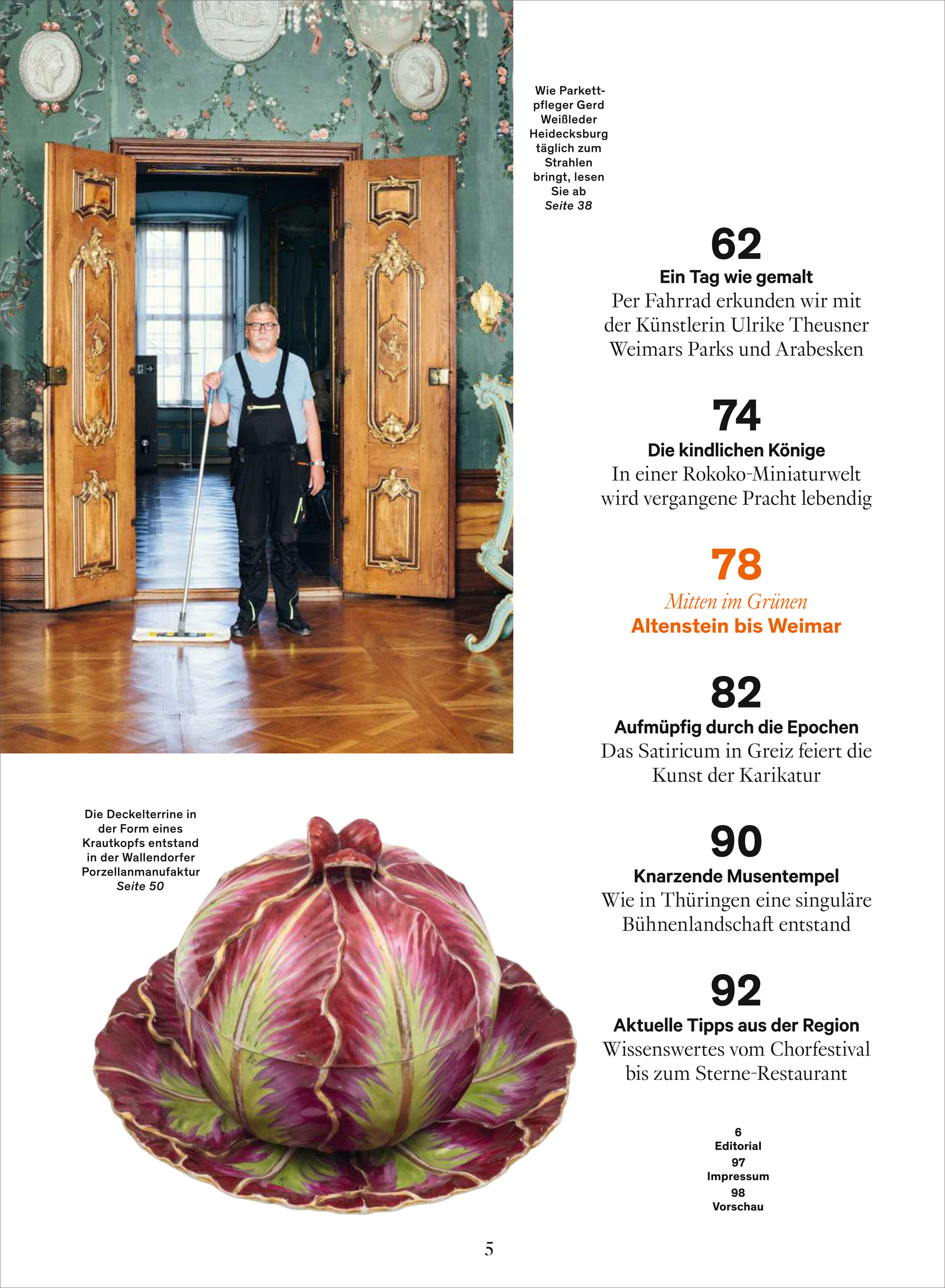 Die Titelseite des Magazins 'WELTKUNST 244/25 Sonderheft Thüringen' zeigt ein dekoratives Interieur eines historischen Schlosses mit einer Person vor geöffneten Flügeltüren. Auf der rechten Seite befinden sich eine Liste mit Seitenzahlen und Themen aus Kunst, Geschichte und Architektur. Im Vordergrund ist eine kunstvolle rote und grüne Schale in Form eines Salatkopfes abgebildet.