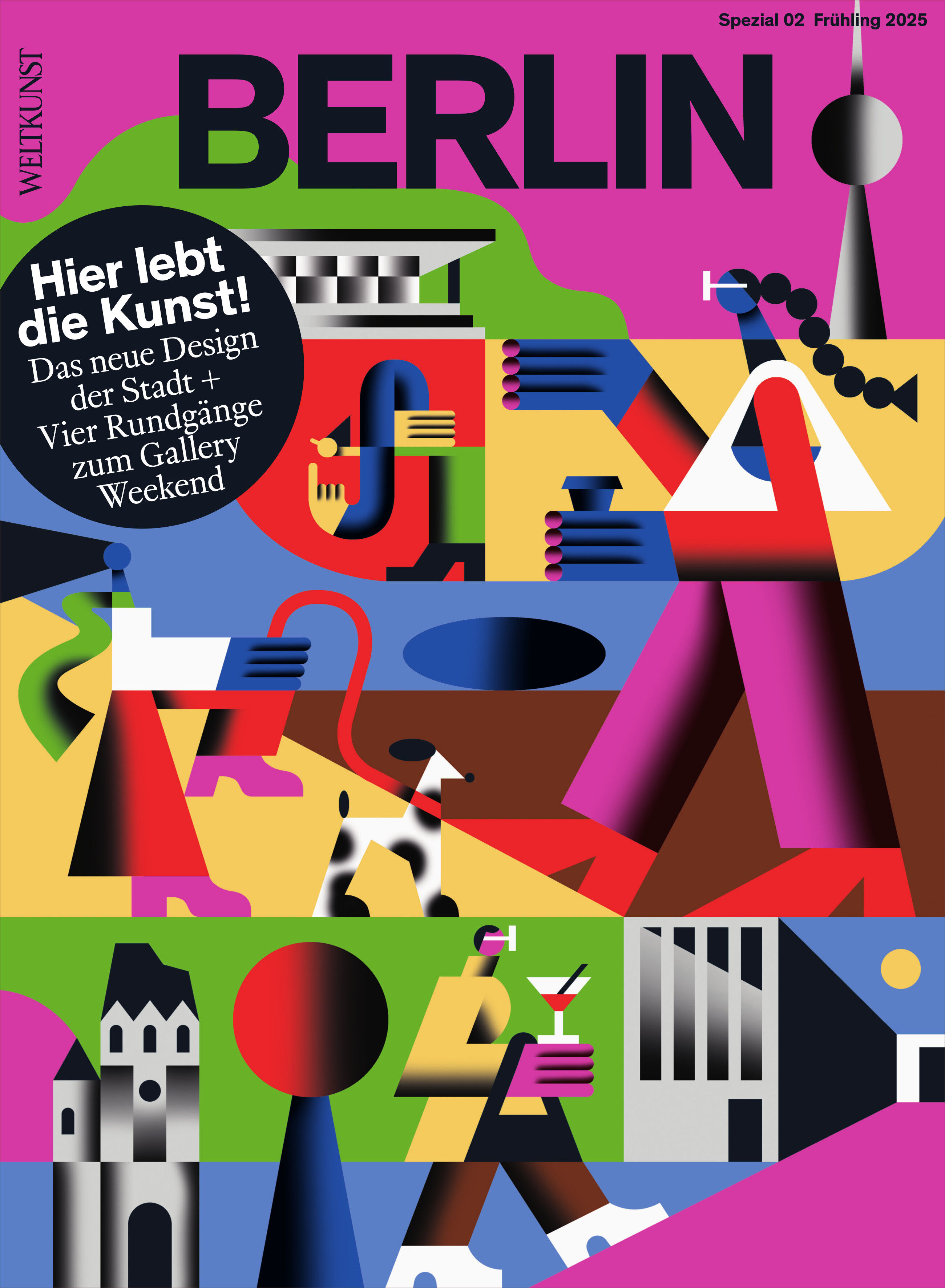 Cover des Magazins 'WELTKUNST 240/25 Sonderheft Berlin' mit lebendigem, farbenfrohem Design, das stilisierte Figuren und ikonische Berliner Architektur zeigt. Oben steht der Titel 'Berlin', und prominente Farbtöne sind Pink, Blau, Schwarz, Rot, Grün, Weiß und Gelb.