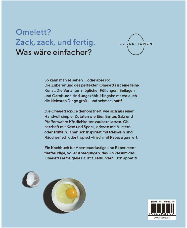 Das Bild zeigt die Rückseite des Produkts 'Die Omelettschule'. Auf einem blauen Hintergrund sind Texte und ein Bild von einem aufgeschnittenen Ei zu sehen. Es bietet Anleitungen und 30 Lektionen zur Zubereitung von Omeletts.