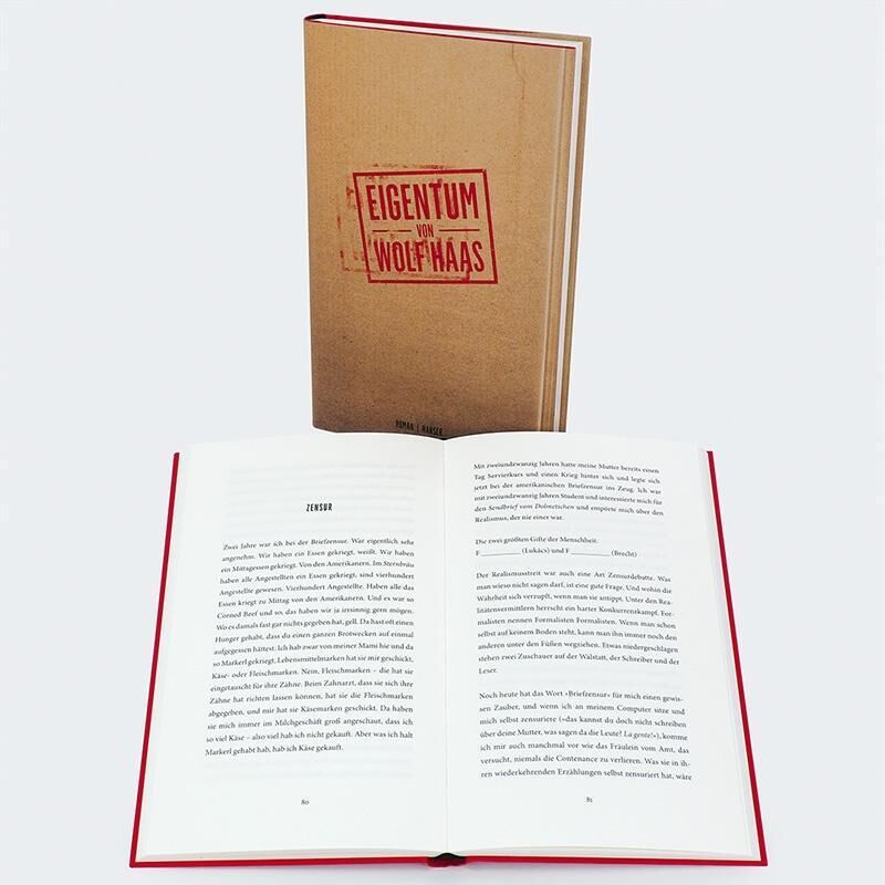 Das Bild zeigt das Buch 'Eigentum' von Wolf Haas. Es ist ein Taschenbuch mit einem beige-braunen Einband und rotem Titel. Das Buch ist geöffnet und zeigt bedruckte Seiten mit schwarzem Text.