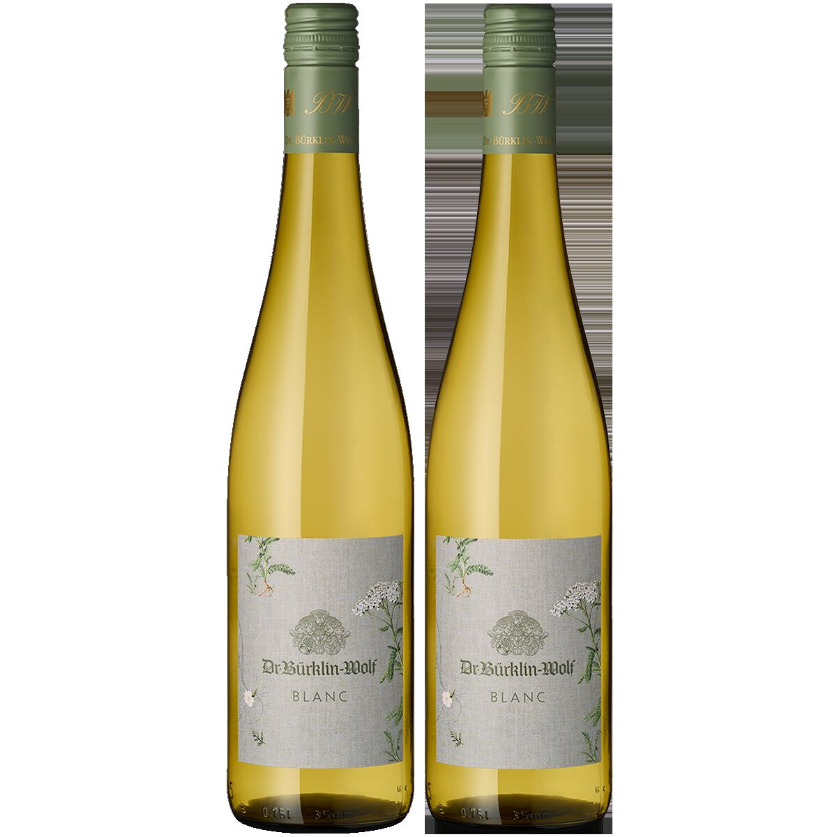 Zwei Flaschen Weißwein aus dem Weingut Bürklin Wolf stehen nebeneinander. Die Flaschen sind hellgelb und tragen ein graues Etikett mit floralen Motiven und goldener Schrift auf einer weißen Oberfläche.