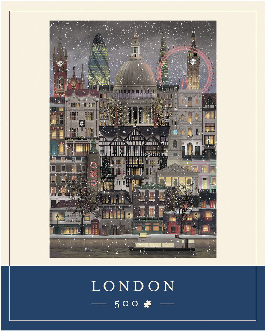 Illustration eines Puzzles mit einer verschneiten Weihnachts-Szene von London, inklusive bekannter Wahrzeichen wie Big Ben, St. Paul’s Cathedral sowie traditionell britischer Architektur, leuchtenden Fenstern, weihnachtlicher Dekoration und einer winterlichen Abendstimmung.