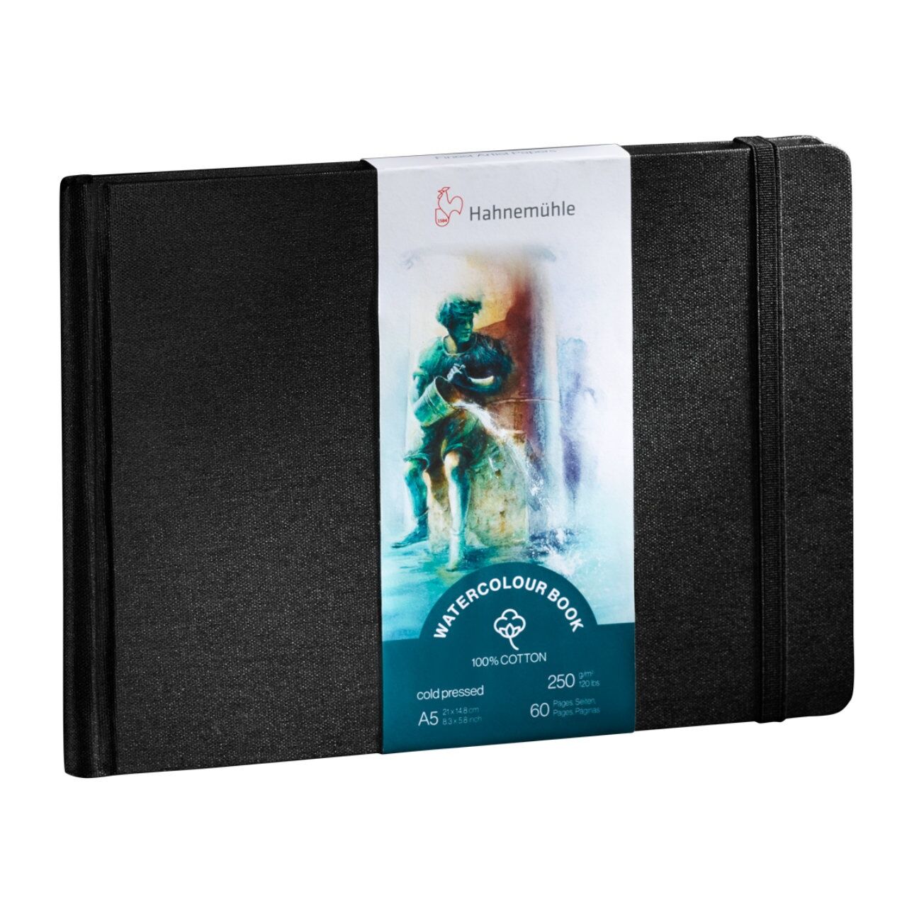 Schwarzes Skizzenbuch mit elastischem Verschluss der Marke Hahnemühle, auf dem Cover ein buntes Aquarellmotiv im Hochformat und Aufdruck »Watercolour Book, 250 g/m², 100% Cotton, A5, cold pressed, 60 Seiten«. Geeignet für Aquarellmalerei und kreatives Arbeiten.