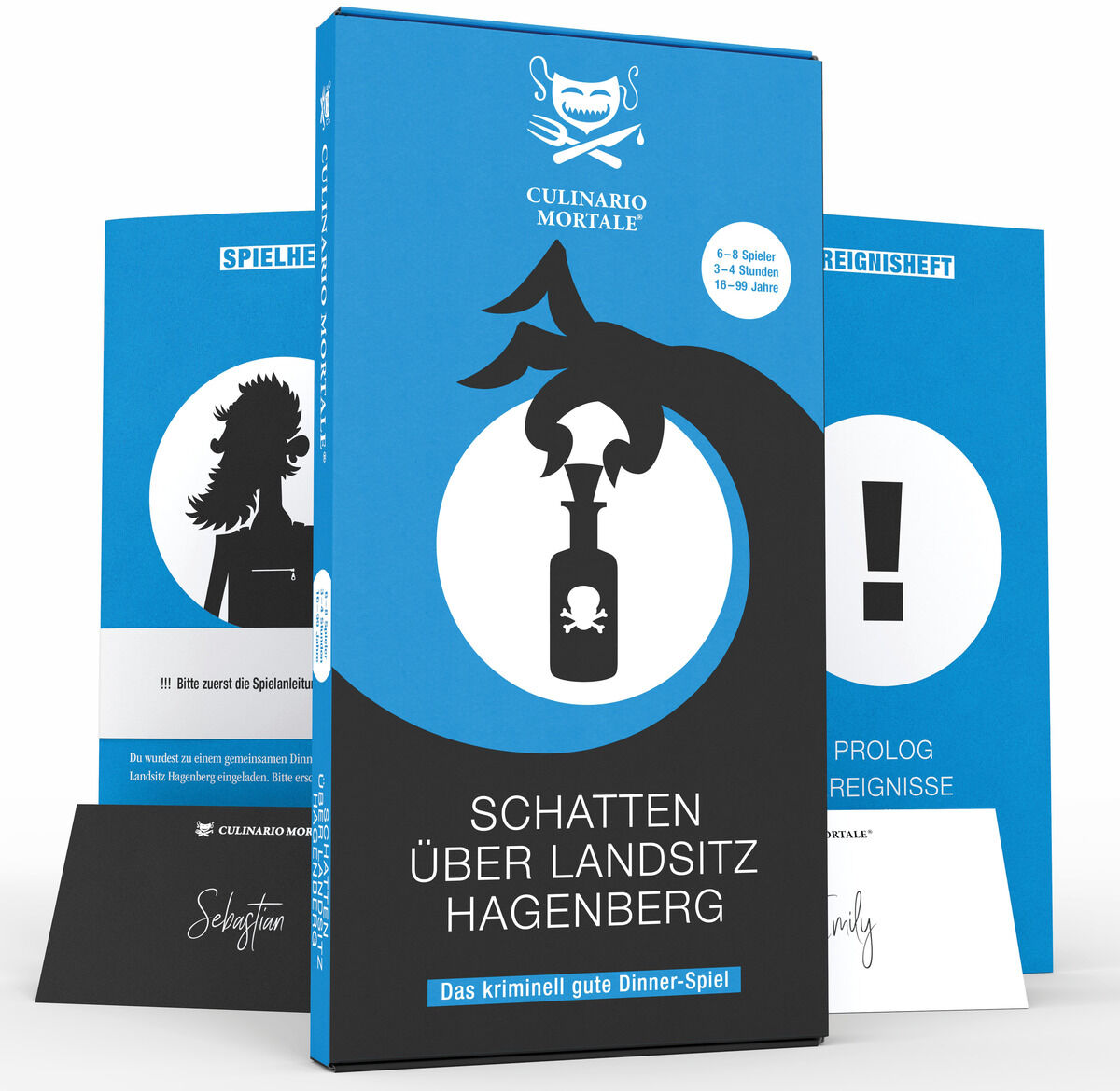 Verpackung des Krimi-Dinner Spiels »Schatten über Landsitz Hagenberg« von Culinario Mortale in Blau, Schwarz und Weiß, mit stilisierten Figuren und Schrift.