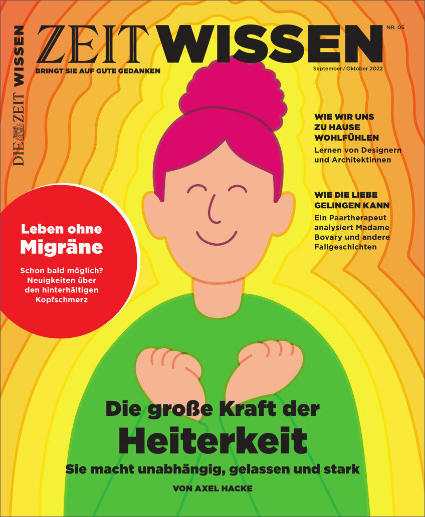 ZEIT WISSEN Magazin 5/22 mit dem Titel 'Die große Kraft der Heiterkeit'. Das Cover zeigt eine lächelnde rosa figur auf einem gelben und roten Hintergrund. Themen wie Migräne und Wohlbefinden werden behandelt. Es gibt Schwarze Überschriften und Texte.