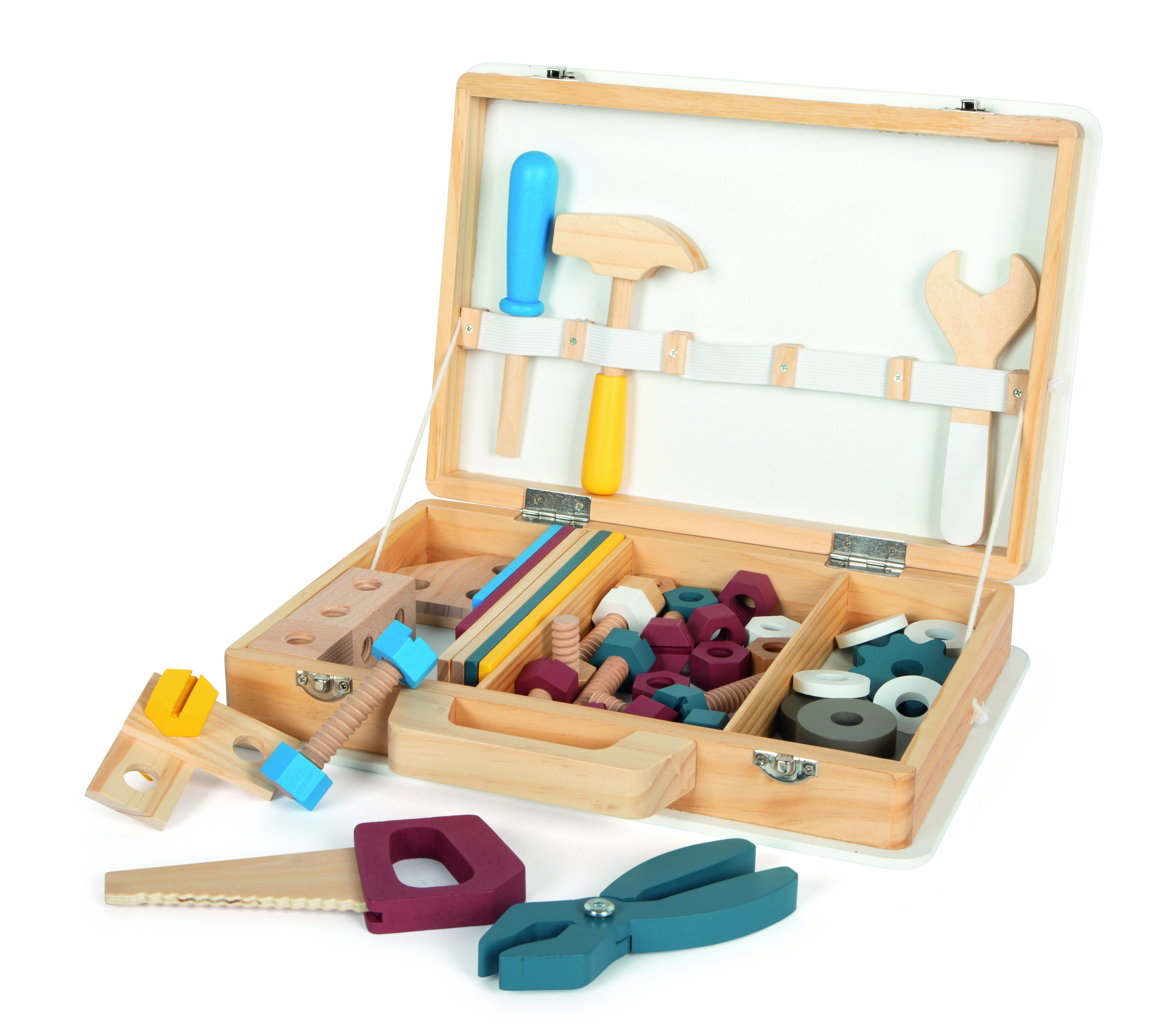 Offener Werkzeugkoffer aus Holz mit verschiedenen bunten Werkzeugen und Schrauben, geeignet für Kinder zum Spielen und Lernen.