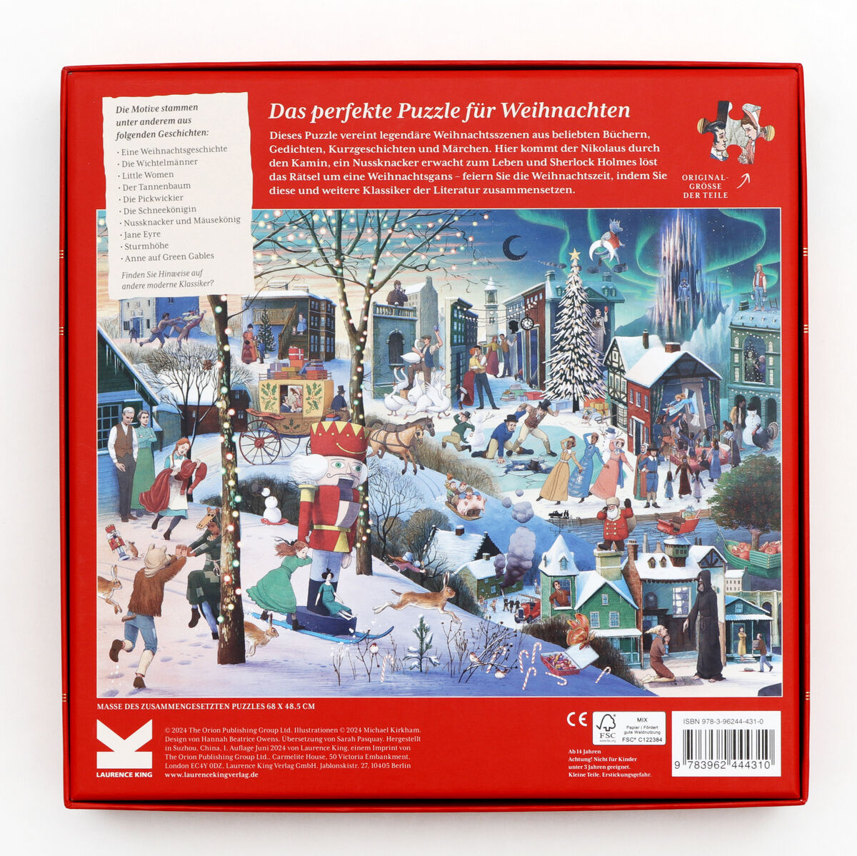 Rückseite der Verpackung des Puzzles »Literarisches Weihnachten« mit einer Illustration, die eine weihnachtliche Winterlandschaft darstellt. Menschen sind in festlicher Stimmung und beteiligen sich an verschiedenen Aktivitäten. Der Text auf der Verpackung beschreibt es als das perfekte Puzzle für Weihnachten.