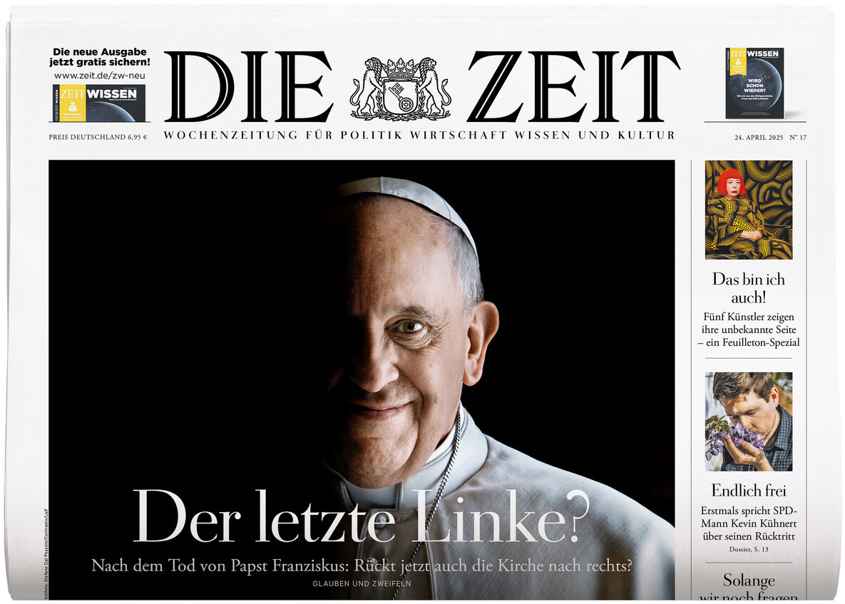 Titelseite der Wochenzeitung 'DIE ZEIT' mit einem Foto von Papst Franziskus und der Schlagzeile 'Der letzte Linke?'.
