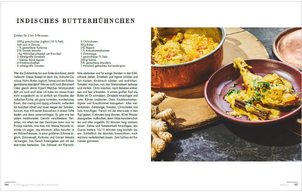 Abbildung einer Doppelseite aus dem Kochbuch 'Lieblingsgerichte vom Wochenmarkt', mit einem Rezept für indisches Butterhühnchen. Links ist der Rezepttext und rechts das fertige Gericht in einer kupferfarbenen Pfanne und auf einem Teller.