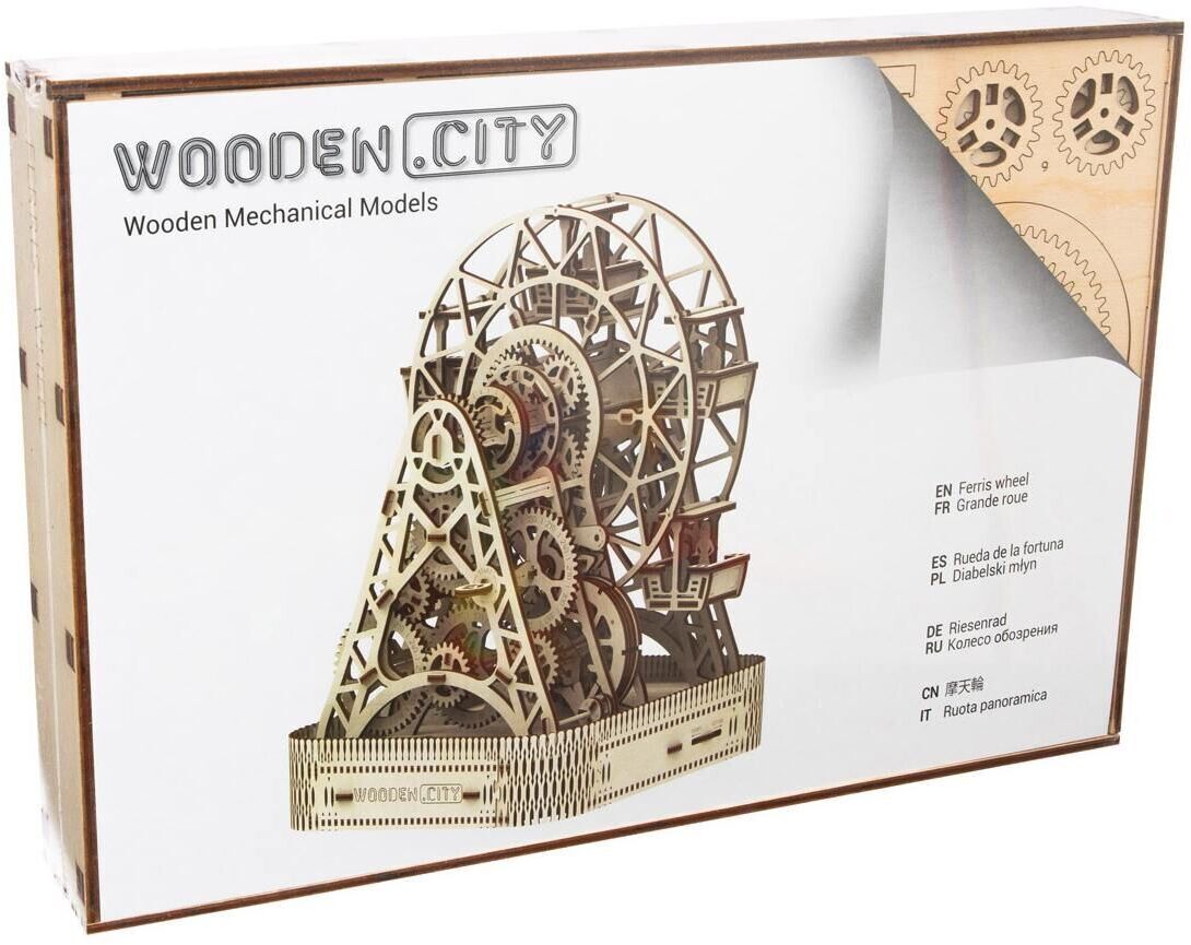 3D-Holzmodell von Woodencity, das ein Riesenrad darstellt. Mechanisches Modell aus Holz als Bausatz in einer Verpackung.