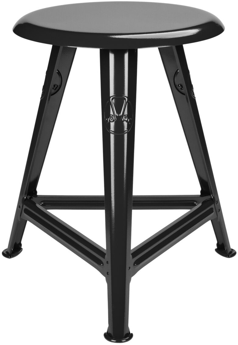 Schwarzer Industriehocker Rowac-Schemel 'Just Steel' mit runder Sitzfläche und dreibeinigem Metallgestell, vor neutralem Hintergrund fotografiert. Geeignet für Wohn- und Arbeitsbereiche im Industriestil.