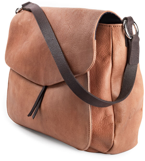 Braune Umhängetasche aus Leder mit dunklen Riemen, stilvolles und praktisches Design, ideal für den Alltag und Reisen.