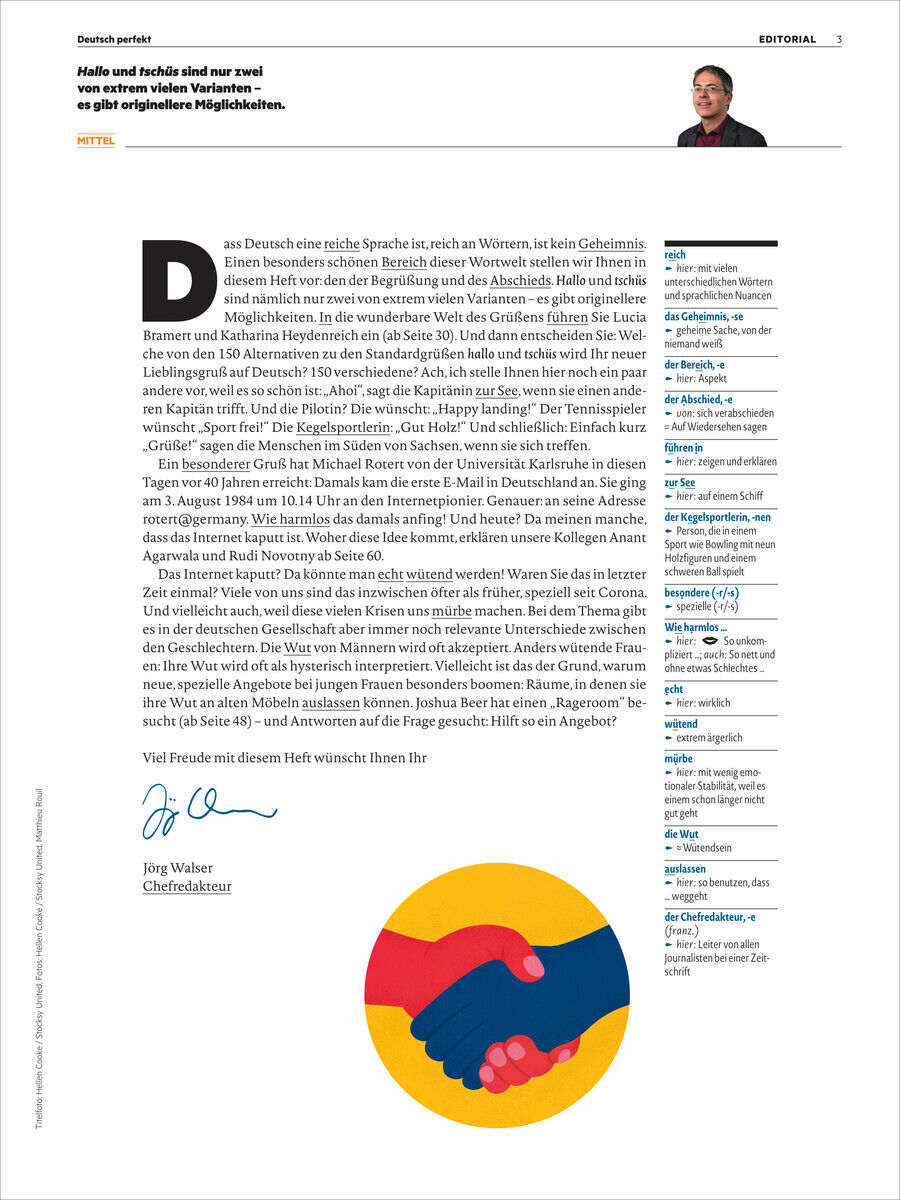 Titelseite des Deutsch perfekt Magazins 09/2024 mit einem Artikel und einem farbigen Symbol von zwei Händen, die sich schütteln.