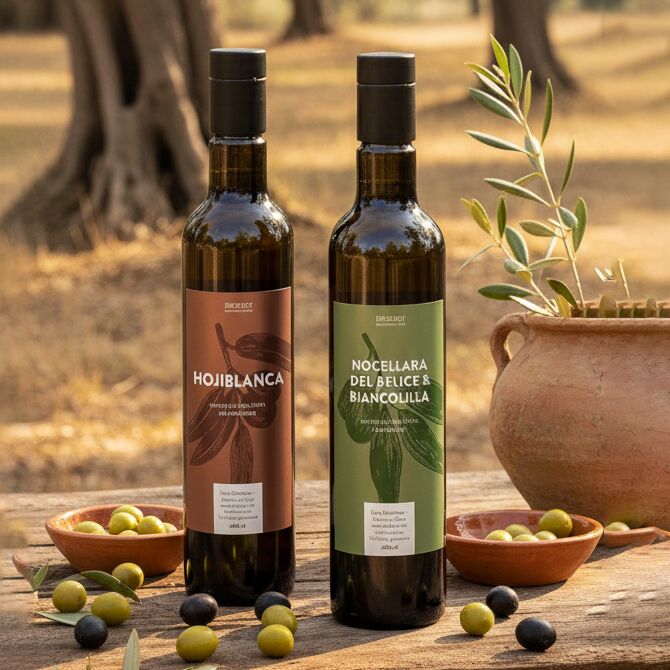 Zwei hochwertige Olivenölflaschen aus der ZEIT Sonderedition von ArteFakt stehen nebeneinander im Fokus. Links ist eine Flasche mit braunem Etikett "Hojiblanca", rechts grünliches Etikett "Nocellara del Belice & Biancolilla". Im Vordergrund liegen grüne und schwarze Oliven auf Tellern. Im Hintergrund Bäume, Erde und ein Tongefäß.