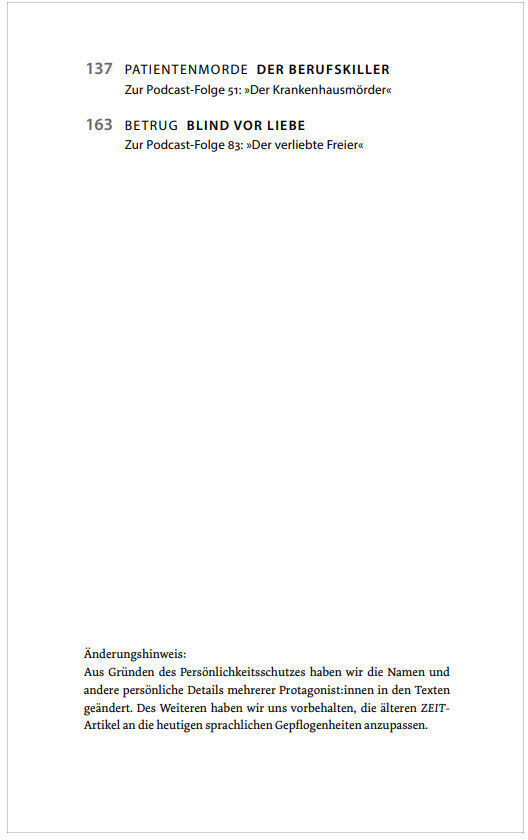 Das Bild zeigt die Rückseite des Buches ZEIT Verbrechen Band 3 - Paperback. Oben befinden sich zwei Kapitelüberschriften: eine über Patientenmorde und eine über Blindheit aus Liebe. Darunter stehen Hinweise zu Änderungen aus rechtlichen Gründen.