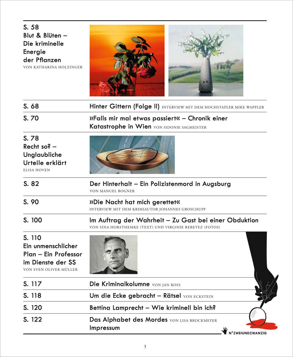 Titelseite des Magazins ZEIT VERBRECHEN 22/23 mit Inhaltsangabe. Menü umfasst Themen wie Blut und Blüten, Hinter Gittern und Die Kriminalkolumne. Verschiedene Fotos und Illustrationen sind enthalten.