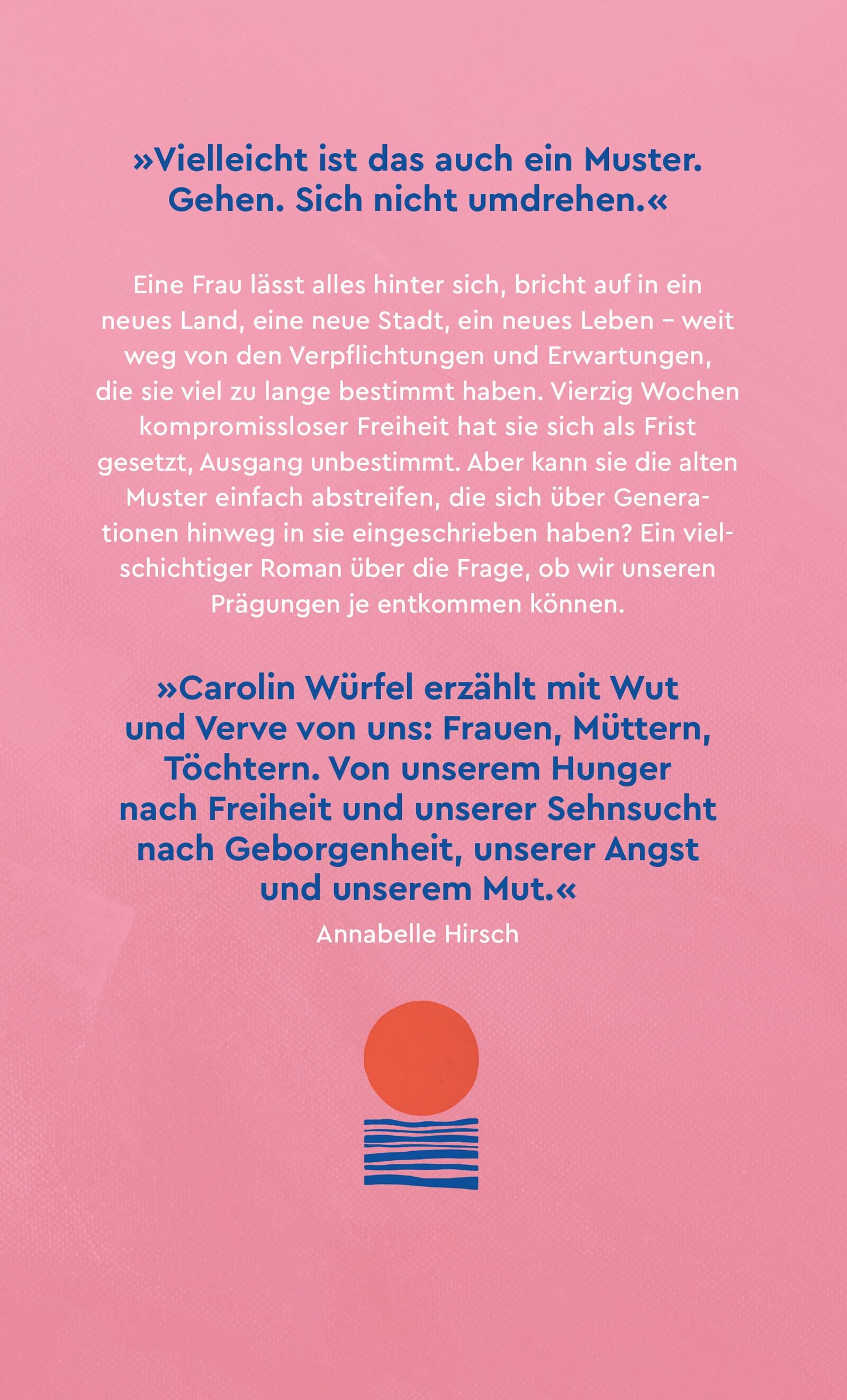 Das Cover des Buchs 'Zuhause ist das Wetter unzuverlässig' von Carolin Würfel zeigt auf rosafarbenem Hintergrund Zitate in blauer und oranger Schrift. In der Bildmitte befindet sich eine minimalistische Grafik mit blauen und orangen Elementen.