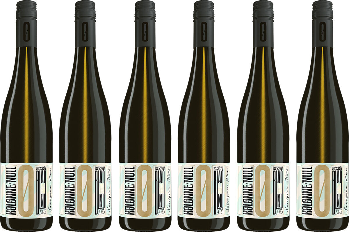 Sechs Flaschen alkoholfreier Sauvignon Blanc 2023 in einem Set mit schwarzem Verschluss und elegantem Etikett, geeignet für diverse Anlässe und Feiern.