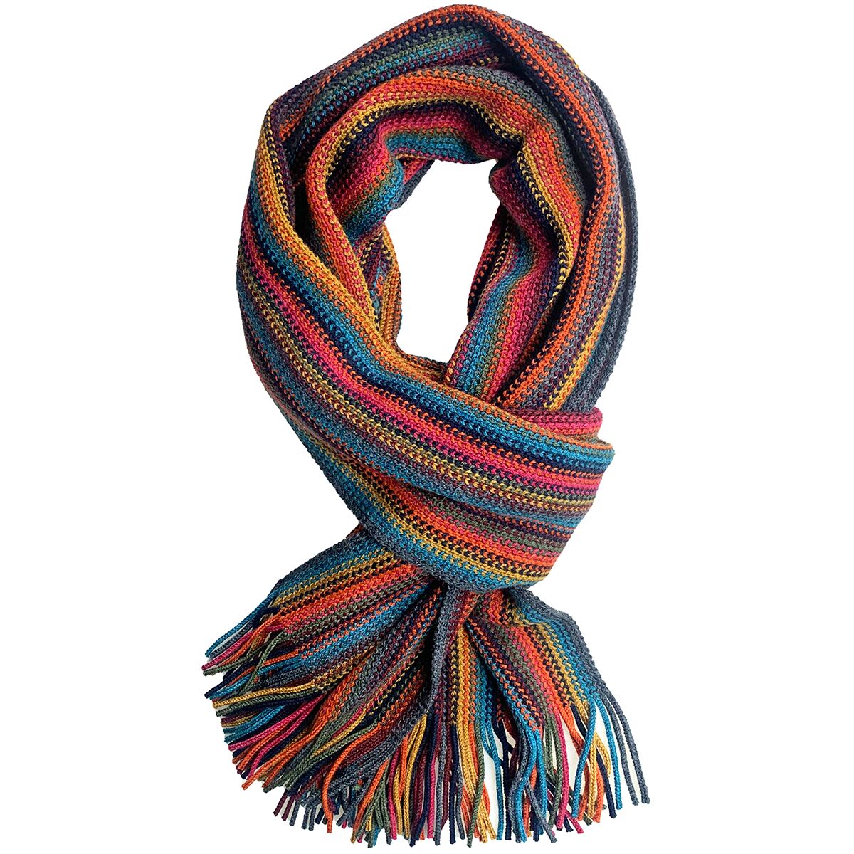 Bunter Merinoschal mit auffälligem Streifenmuster in Rot- und Blautönen, ergänzt durch orange, gelbe und grüne Akzente, aus hochwertiger Merinowolle gestrickt, mit Fransen an den Enden. Der Schal ist dekorativ zusammengerollt und eignet sich als modisches Winteraccessoire.