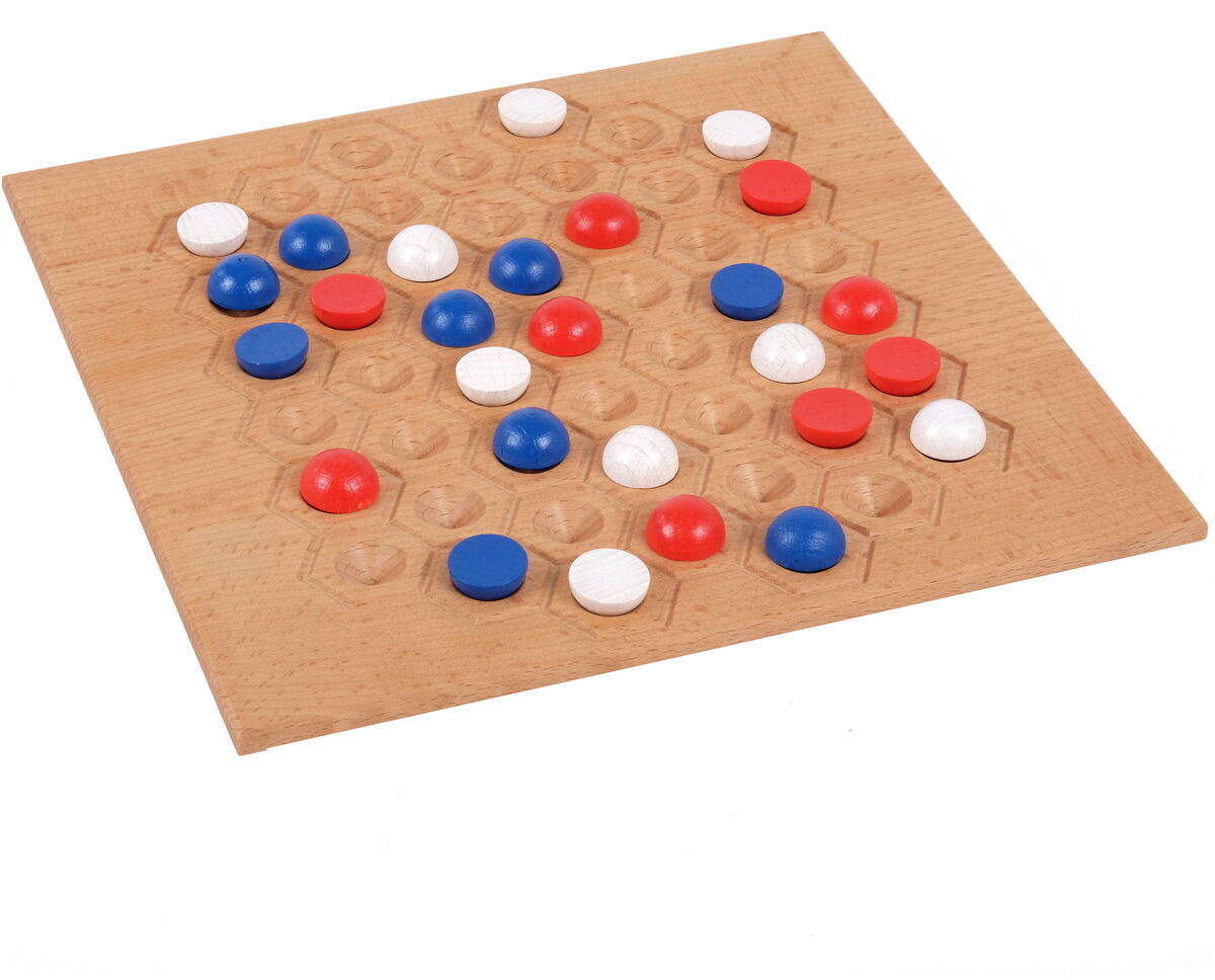 Ein Holzbrettspiel namens 'Double Dutch' mit mehrfarbigen (rot, blau, weiß) Spielsteinen. Geeignet für Kinder und Familien für Denksport und Unterhaltung.