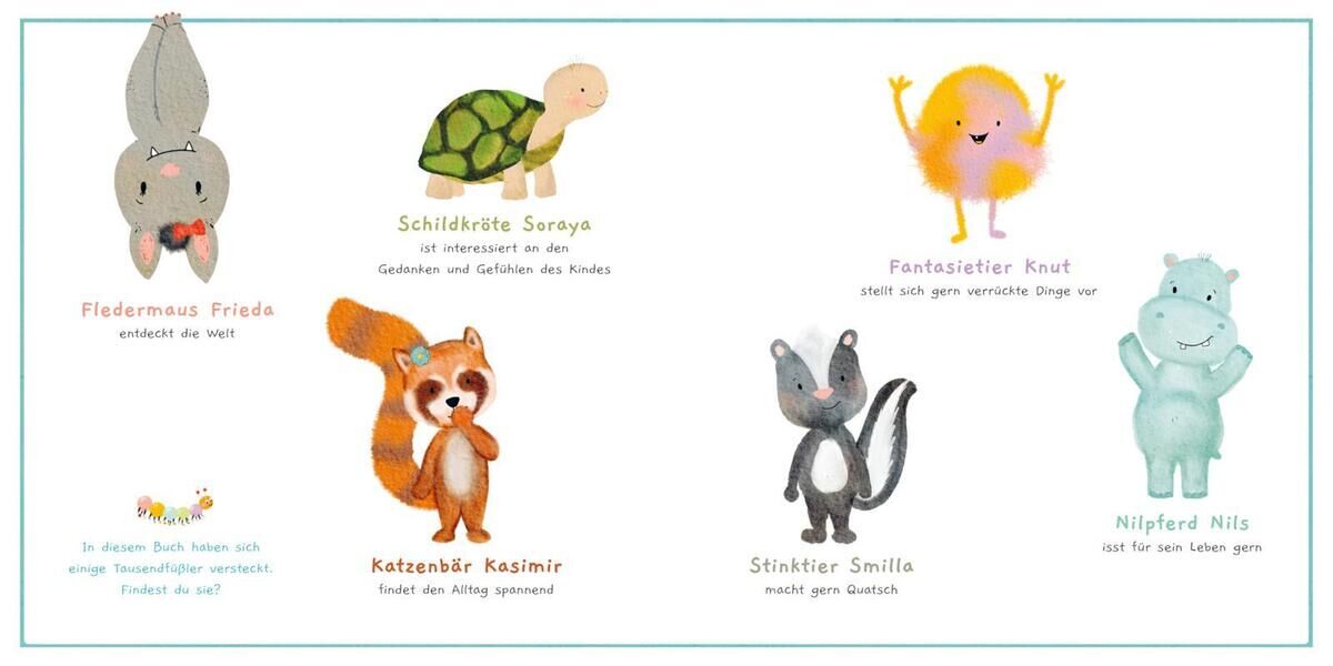 Ein buntes Kinderbuch mit verspielten Illustrationen von verschiedenen Tieren wie Fledermaus, Schildkröte, Fantasiefigur, Waschbär, Stinktier und Nilpferd. Jede Figur hat einen eigenen Namen und eine Beschreibung. Perfekt für Vorschulkinder und Schulkinder, um das Lesen und die Vorstellungskraft zu fördern.