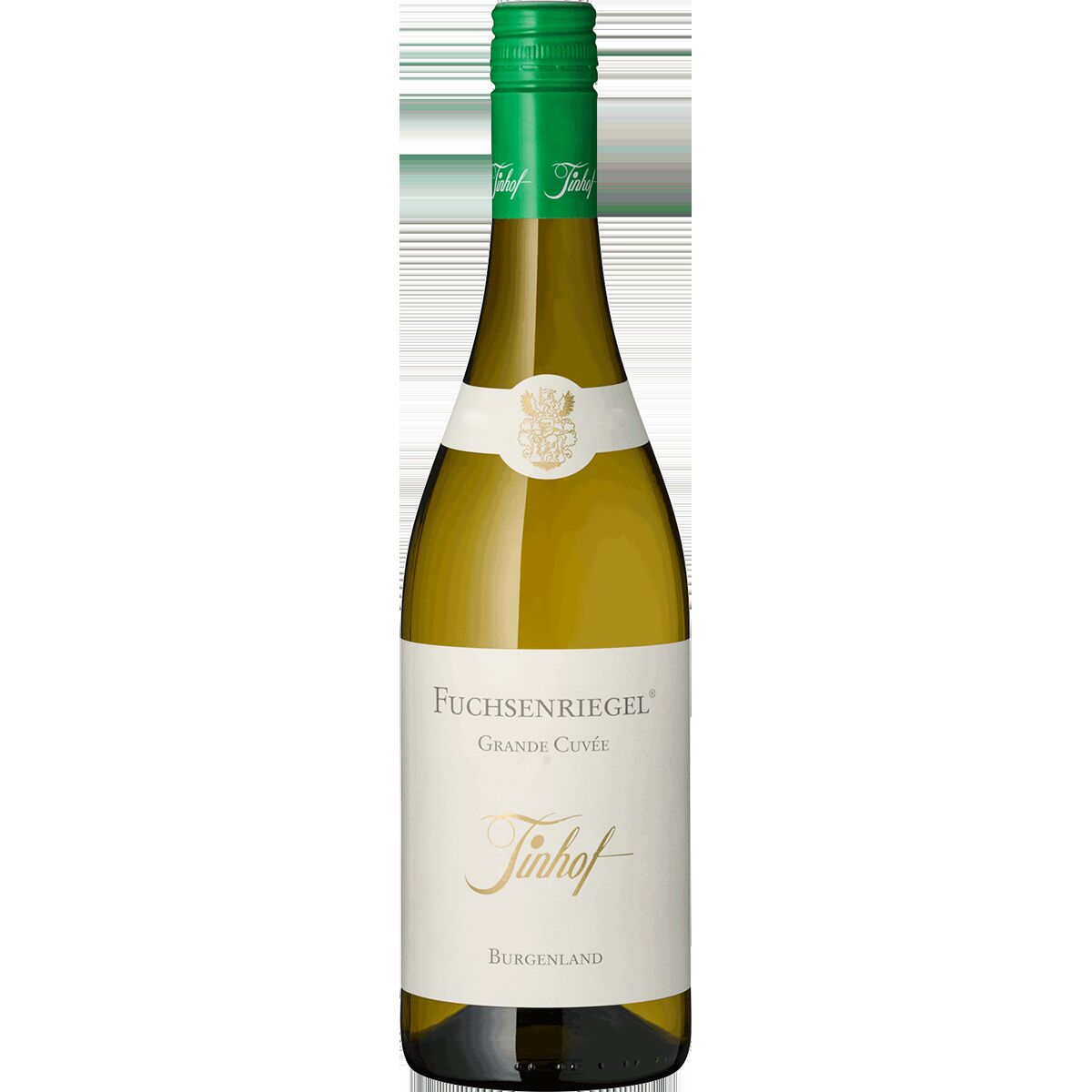Sechs Flaschen Fuchsenriegel Grande Cuvée Weißwein von Tinhof aus dem Burgenland, Österreich, mit grünem Schraubverschluss und weißem Etikett. Die Flaschen stehen nebeneinander auf weißem Hintergrund.