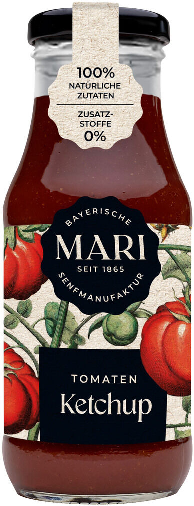 Eine Flasche »BBQ Gourmet Set« von Mari-Senf, mit Tomatenketchup aus bayerischer Senfmanufaktur, enthält 100% natürliche Zutaten ohne Zusatzstoffe. Die Flasche hat ein elegantes Design mit Tomatenabbildungen und ist perfekt für Grillabende geeignet.