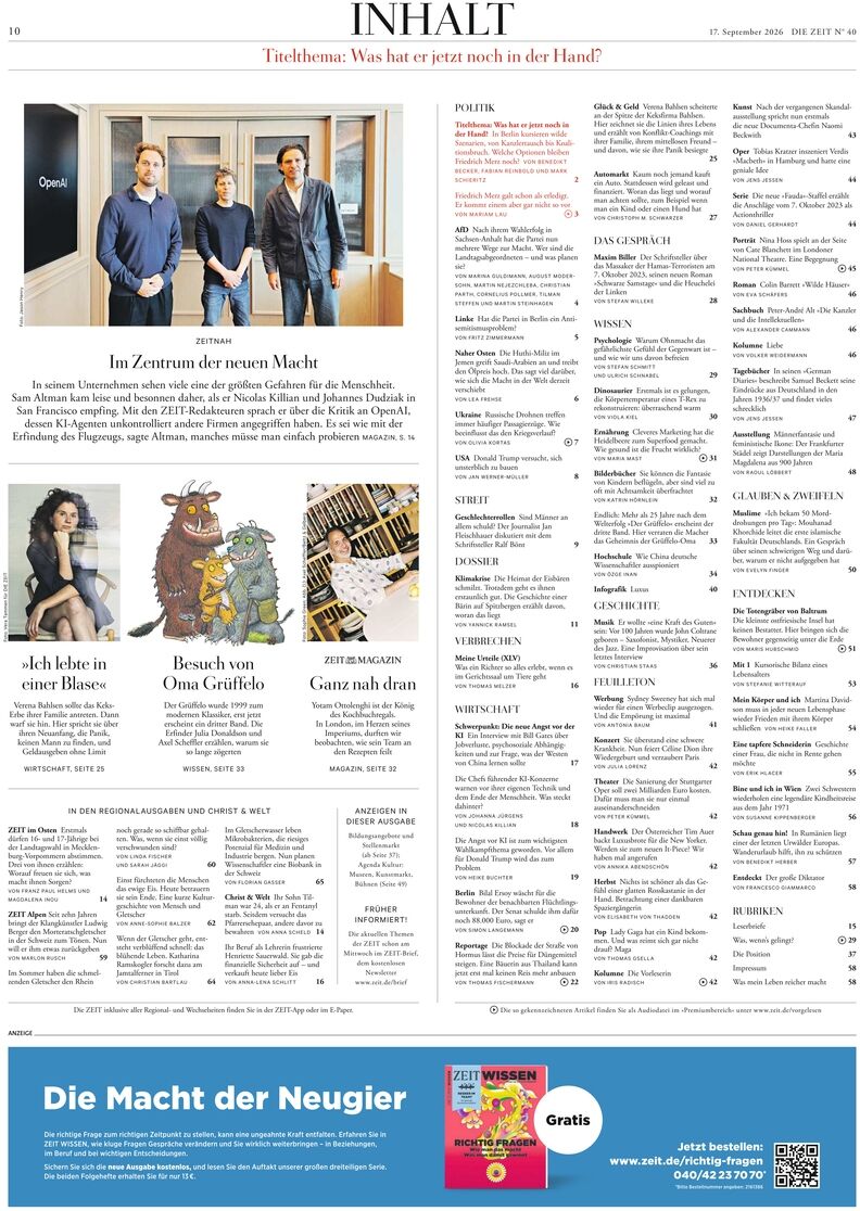 Detailreiche, helle Seite mit Inhaltsverzeichnis der ZEIT 40/2026. Oben Rubrik „INHALT“, darunter ein großes Foto von drei Personen im modernen Büro, daneben Beiträge mit Fotos, Illustrationen und ein blaues Infofeld zur Neugier. Zahlreiche Rubriken zu Politik, Wissen und Kultur.