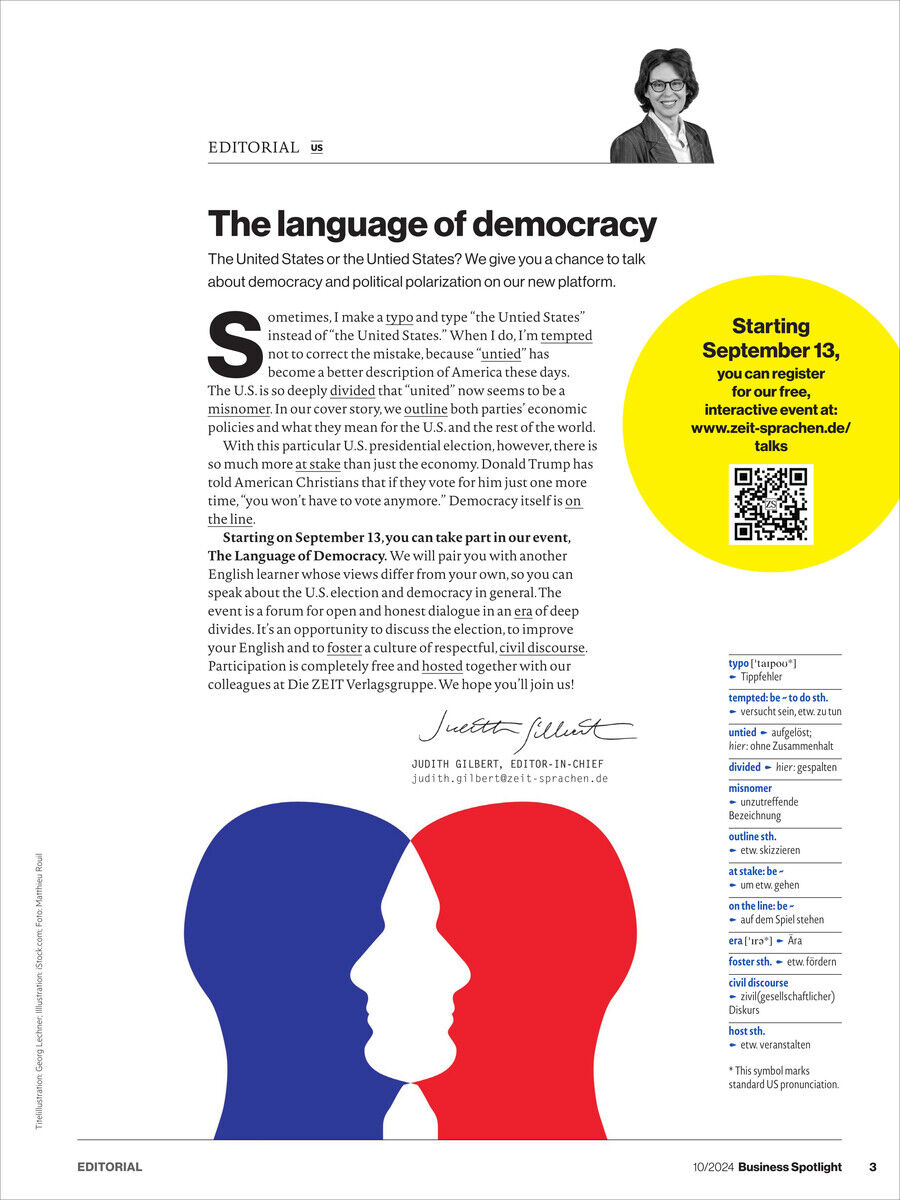 Cover der Business Spotlight Magazin Ausgabe 10/2024 mit dem Titel 'The language of democracy'. Das Editorial zeigt zwei farbige Silhouetten von Gesichtern und einen Abschnitt über Demokratie. Eine Anmerkung am Rand zeigt wichtige Termine und eine Webseite für weitere Informationen.