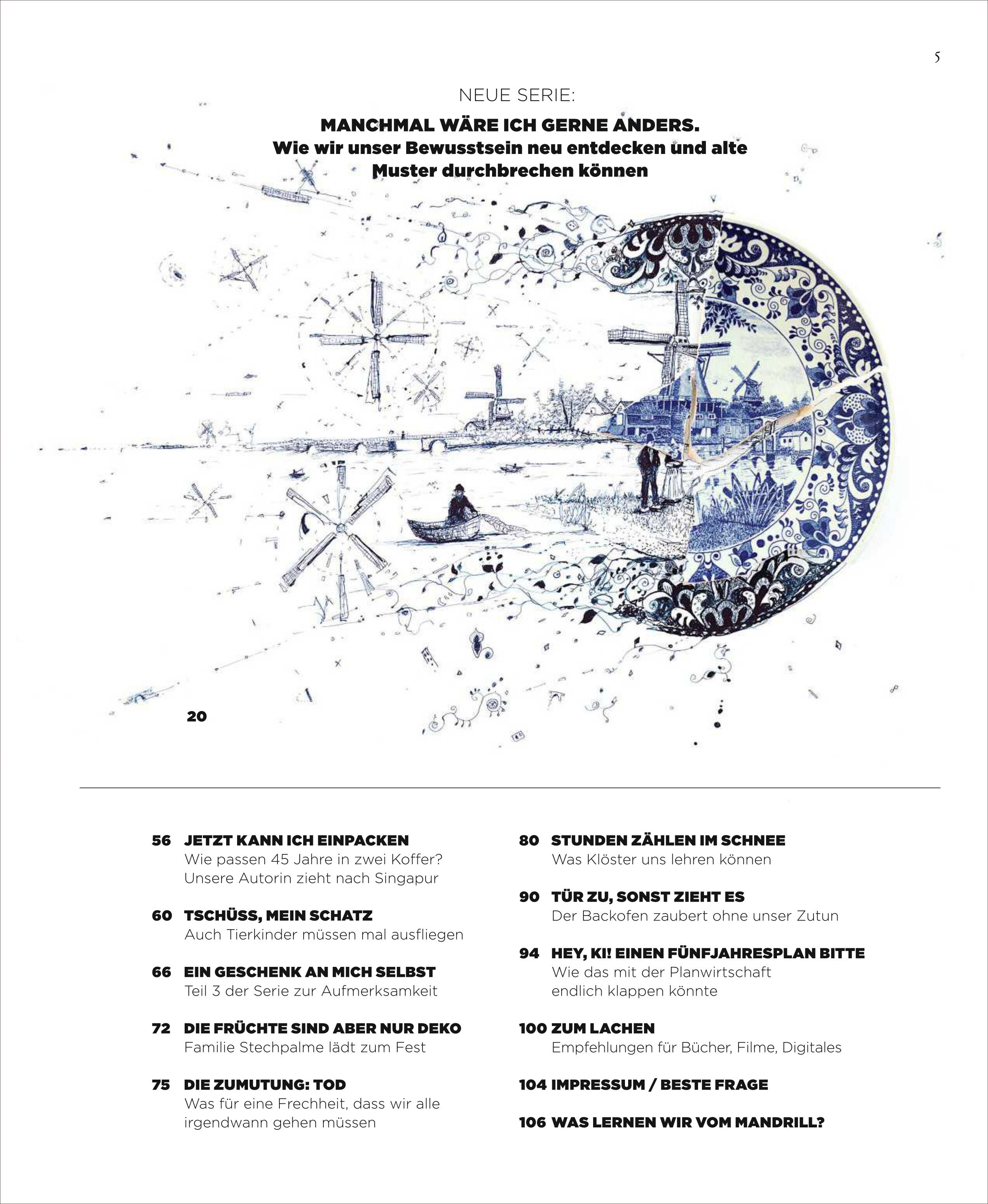 Doppelseite eines Wissenschaftsmagazins mit einer detaillierten blauen und weißen Teller-Illustration, darauf Segelschiffe, Windmühle und Landschaftsmotive. Oberhalb steht der Serientitel 'MANCHMAL WÄRE ICH GERNE ANDERS'. Darunter ist ein gegliederter Themenüberblick auf weißem Hintergrund.