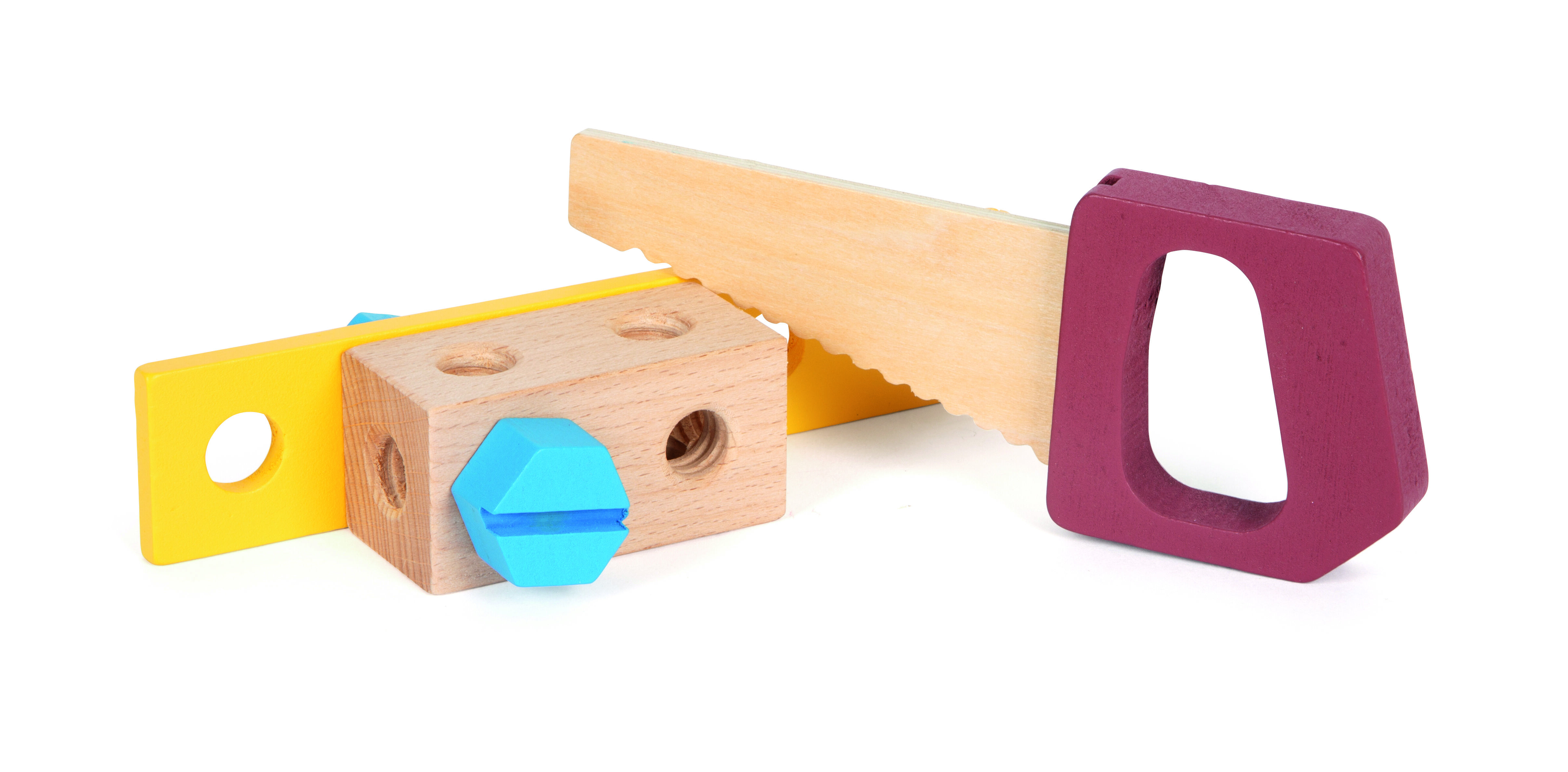 Abgebildet ist ein buntes, kindgerechtes Werkzeugset aus Holz, bestehend aus einer Säge, einer Schraube, einem Verbindungselement und einer gelben Leiste. Das Set fördert kreatives und motorisches Spielen für Kinder.