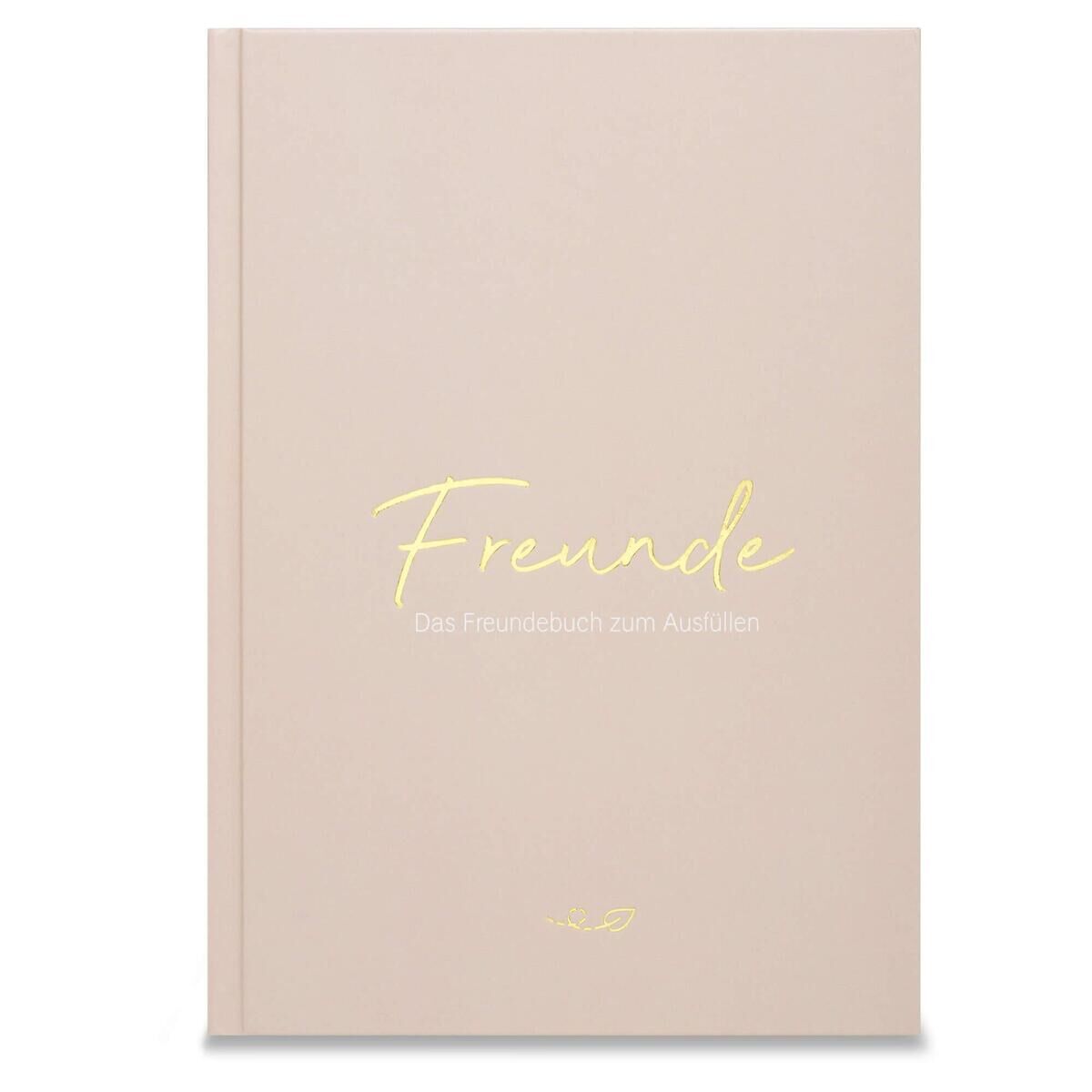 Ein beige-farbenes Freundschaftsbuch für Erwachsene mit dem Titel „Freunde - Das Freunde-Buch zum Ausfüllen“ in gelber Schrift auf dem Cover.