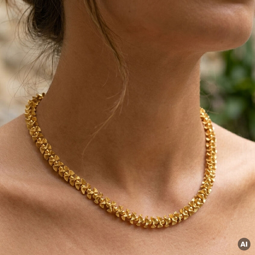 Das Bild zeigt eine Frau, die ein auffälliges Collier trägt. Die Kette stammt aus dem Schmuckset »Golden Belle« von Petra Waszak, Marke Ars mundi, und besteht aus einzelnen, vergoldeten Elementen mit muschelartigem Fächer-Design. Das Collier wirkt hochwertig und elegant.